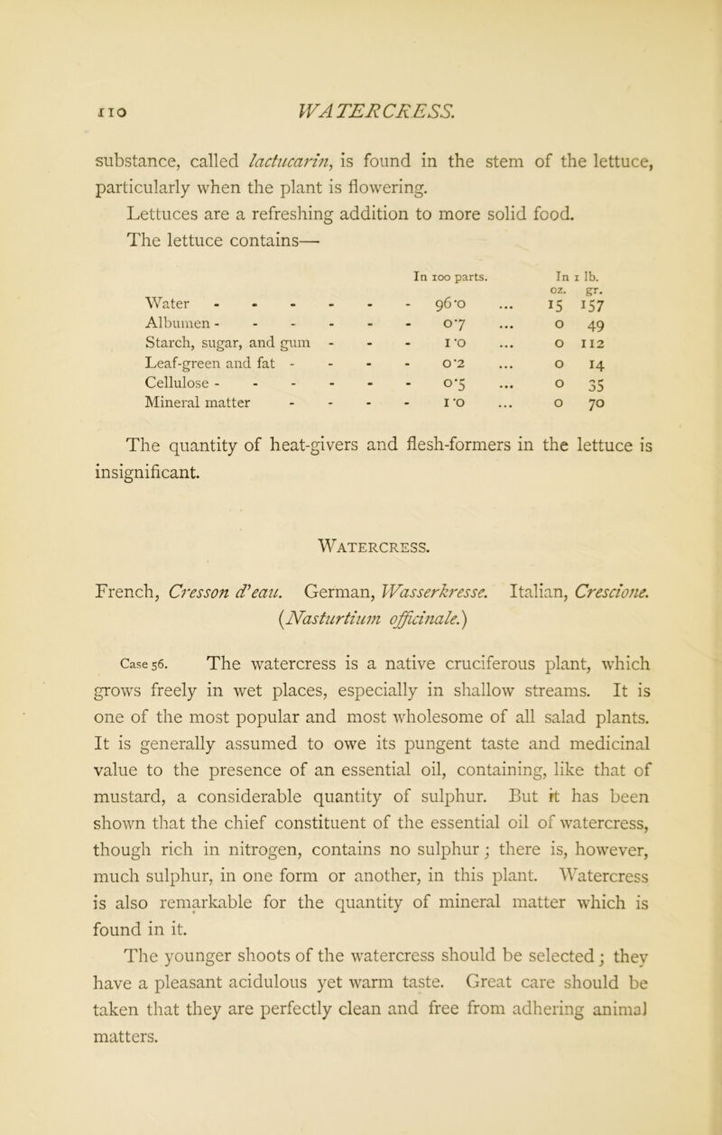 substance, called lactucarin, is found in the stem of the lettuce, particularly when the plant is flowering. Lettuces are a refreshing addition to more solid food. The lettuce contains— Water - In 100 parts. 96’o In oz. 15 1 lb. gr. 157 Albumen - - 07 O 49 Starch, sugar, and gum - - I'O O 112 Leaf-green and fat - - O '2 O 14 Cellulose - - o*5 O 35 Mineral matter - 1*0 O 70 The quantity of heat-givers and flesh-formers in the lettuce is insignificant. Watercress. French, Cresson d'eau. German, Wasserkresse. Italian, Crescione. (.Nasturtium officinale.) Case 56. The watercress is a native cruciferous plant, which grows freely in wet places, especially in shallow streams. It is one of the most popular and most wholesome of all salad plants. It is generally assumed to owe its pungent taste and medicinal value to the presence of an essential oil, containing, like that of mustard, a considerable quantity of sulphur. But it has been shown that the chief constituent of the essential oil of watercress, though rich in nitrogen, contains no sulphur; there is, however, much sulphur, in one form or another, in this plant. Watercress is also remarkable for the quantity of mineral matter which is found in it. The younger shoots of the watercress should be selected; they have a pleasant acidulous yet warm taste. Great care should be taken that they are perfectly clean and free from adhering animal matters.