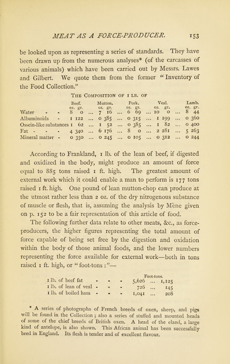 be looked upon as representing a series of standards. They have been drawn up from the numerous analyses* (of the carcasses of various animals) which have been carried out by Messrs. Lawes and Gilbert. We quote them from the former “ Inventory of the Food Collection.” The Composition of i lb. of Beef. Mutton. Pork. Veal. Lamb. oz. gr. oz. gr. oz. gr. oz. gr. oz. gr- Water 8 0 ... 7 l6 ... 6 69 ... IO O ... 8 44 Albuminoids 1 122 ... 0 385 ... 0 315 ... I 199 ... O 360 Ossein-like substances 1 62 ... 1 52 ... 0 385 ... I 82 ... O 400 Fat - 4 340 ... 6 176 ... 8 O ... 2 281 ... 5 263 Mineral matter - 0 350 ... 0 245 ... 0 105 ... O 312 ... 0 244 According to Frankland, 1 lb. of the lean of beef, if digested and oxidized in the body, might produce an amount of force equal to 885 tons raised 1 ft. high. The greatest amount of external work which it could enable a man to perform is 17 7 tons raised 1 ft. high. One pound of lean mutton-chop can produce at the utmost rather less than 2 oz. of the dry nitrogenous substance of muscle or flesh, that is, assuming the analysis by Mene given on p. 152 to be a fair representation of this article of food. The following further data relate to other meats, &c., as force- producers, the higher figures representing the total amount of force capable of being set free by the digestion and oxidation within the body of those animal foods, and the lower numbers representing the force available for external work—both in tons raised 1 ft. high, or “ foot-tons : ”— Foot-tons. i lb. of beef fat ... 5,626 ... 1,125 1 lb. of lean of veal - 726 ... 145 1 lb. of boiled ham ... 1,041 ... 208 A series of photographs of French breeds of oxen, sheep, and pigs will be found in the Collection ; also a series of stuffed and mounted heads of some of the chief breeds of British oxen. A head of the eland, a large kind of antelope, is also shown. This African animal has been successfully bred in England. Its flesh is tender and of excellent flavour.