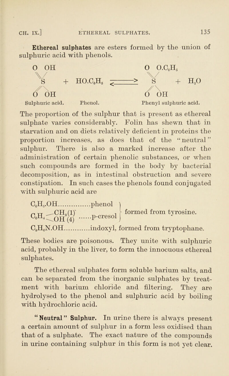 Ethereal sulphates are esters formed by the union of sulphuric acid with phenols. 0 OH 0 o.c6h5 \/ X/ s + ho.c6h5 > S + H.,0 XX x\ 0 OH 0 OH Sulphuric acid. Phenol. Phenyl sulphuric acid. The proportion of the sulphur that is present as ethereal sulphate varies considerably. Folin has shewn that in starvation and on diets relatively deficient in proteins the proportion increases, as does that of the “neutral” sulphur. There is also a marked increase after the administration of certain phenolic substances, or when such compounds are formed in the body by bacterial decomposition, as in intestinal obstruction and severe constipation. In such cases the phenols found conjugated with sulphuric acid are c6h5.oh °6±l4 -J3H (4) CJLN.OH phenol ] , - formed from tyrosine, .p-cresol i indoxyl, formed from tryptophane. These bodies are poisonous. They unite with sulphuric acid, probably in the liver, to form the innocuous ethereal sulphates. The ethereal sulphates form soluble barium salts, and can be separated from the inorganic sulphates hy treat- ment with barium chloride and filtering. They are hydrolysed to the phenol and sulphuric acid by boiling with hydrochloric acid. “ Neutral ” Sulphur. In urine there is always present a certain amount of sulphur in a form less oxidised than that of a sulphate. The exact nature of the compounds in urine containing sulphur in this form is not yet clear.