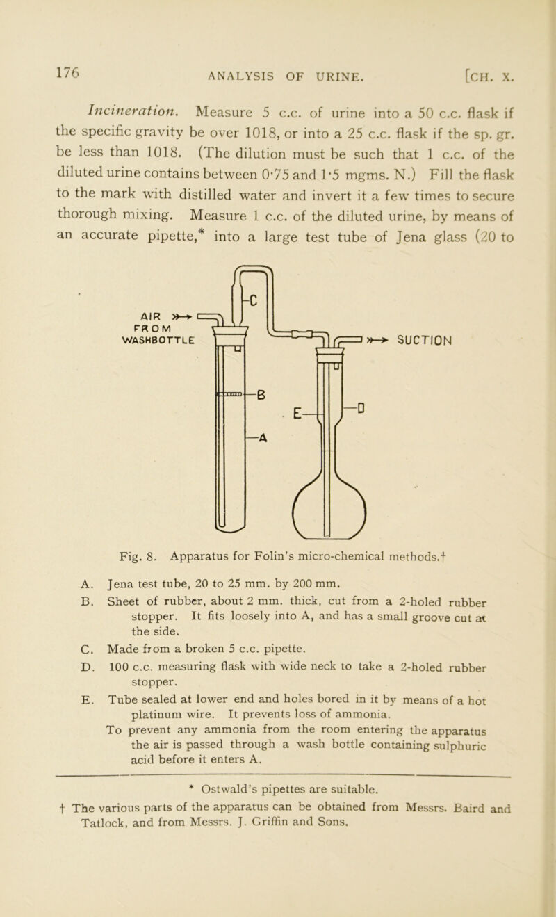 Incineration. Measure 5 c.c. of urine into a 50 c.c. flask if the specific gravity be over 1018, or into a 25 c.c. flask if the sp. gr. be less than 1018. (The dilution must be such that 1 c.c. of the diluted urine contains between 0*75 and 1*5 mgms. N.) Fill the flask to the mark with distilled water and invert it a few times to secure thorough mixing. Measure 1 c.c. of the diluted urine, by means of an accurate pipette,* into a large test tube of Jena glass (20 to /p -c AIR !=—N PROM -LL WASHBOTTLE. \— ■—LT -B E - \ —A ) u d. Fig. 8. Apparatus for Folin’s micro-chemical methods.! A. Jena test tube, 20 to 25 mm. by 200 mm. B. Sheet of rubber, about 2 mm. thick, cut from a 2-holed rubber stopper. It fits loosely into A, and has a small groove cut at the side. C. Made from a broken 5 c.c. pipette. D. 100 c.c. measuring flask with wide neck to take a 2-holed rubber stopper. E. Tube sealed at lower end and holes bored in it by means of a hot platinum wire. It prevents loss of ammonia. To prevent any ammonia from the room entering the apparatus the air is passed through a wash bottle containing sulphuric acid before it enters A. * Ostwald’s pipettes are suitable. f The various parts of the apparatus can be obtained from Messrs. Baird and Tatlock, and from Messrs. J. Griffin and Sons.