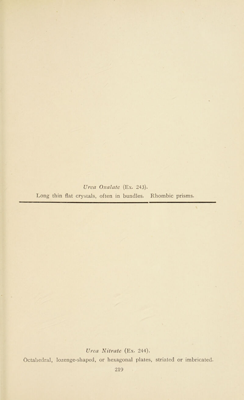 Urea Oxalate (Ex. 243). Long thin flat crystals, often in bundles. Rhombic prisms. Urea Nitrate (Ex. 244). Octahedral, lozenge-shaped, or hexagonal plates, striated or imbricated.
