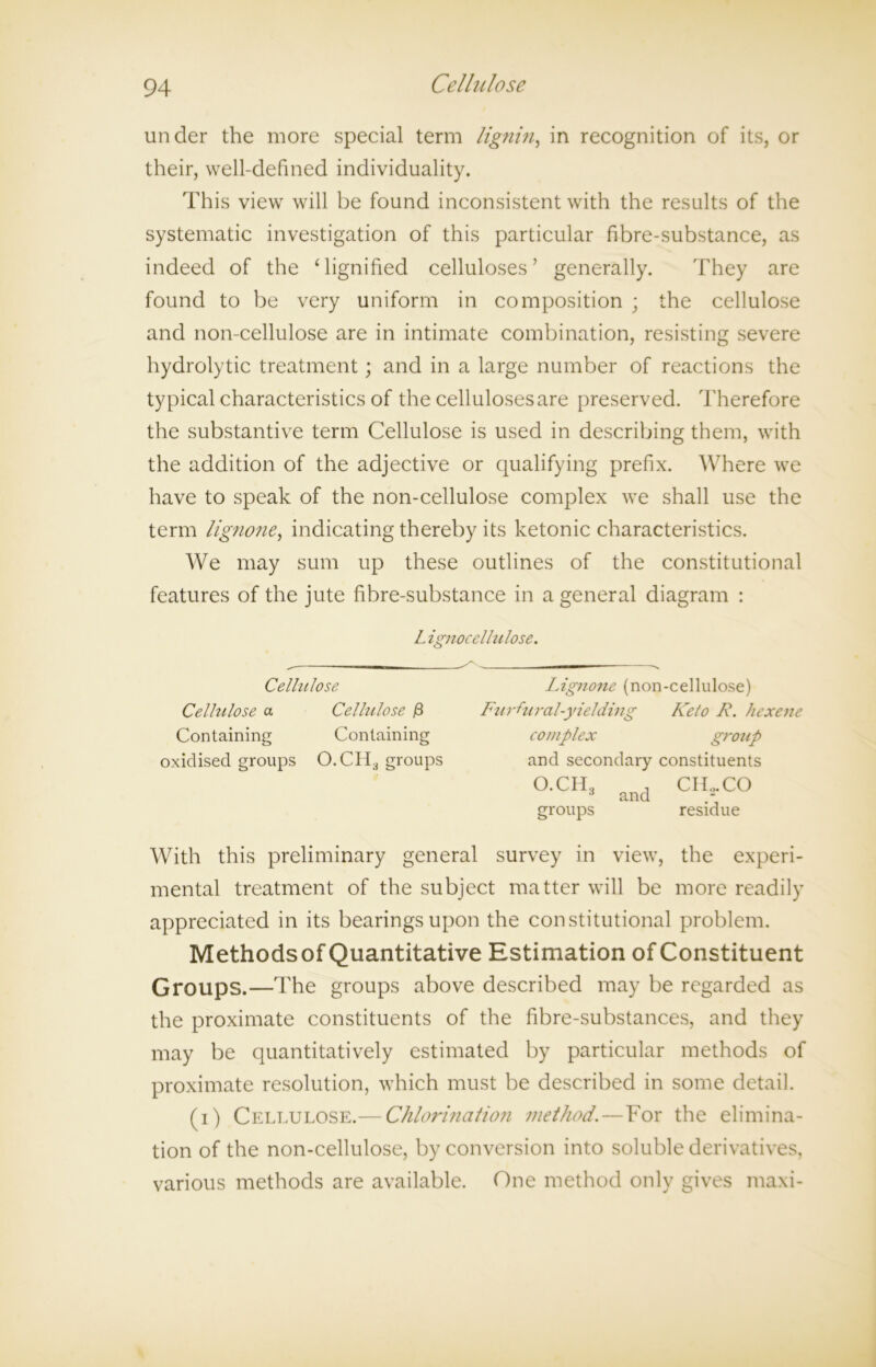 under the more special term lignin, in recognition of its, or their, well-defined individuality. This view will be found inconsistent with the results of the systematic investigation of this particular fibre-substance, as indeed of the Signified celluloses’ generally. They are found to be very uniform in composition ; the cellulose and non-cellulose are in intimate combination, resisting severe hydrolytic treatment; and in a large number of reactions the typical characteristics of the celluloses are preserved. Therefore the substantive term Cellulose is used in describing them, with the addition of the adjective or qualifying prefix. Where we have to speak of the non-cellulose complex we shall use the term lignone, indicating thereby its ketonic characteristics. We may sum up these outlines of the constitutional features of the jute fibre-substance in a general diagram : Lignocellulose. Cellulose Cellulose a Cellulose /3 Containing Containing oxidised groups O.CHa groups Lignone (non-cellulose) Furfural-yielding Keto R. hexene complex group and secondary constituents O.CH3 and CH„CO groups residue With this preliminary general survey in view, the experi- mental treatment of the subject matter will be more readily appreciated in its bearings upon the constitutional problem. Methods of Quantitative Estimation of Constituent Groups.—The groups above described may be regarded as the proximate constituents of the fibre-substances, and they may be quantitatively estimated by particular methods of proximate resolution, which must be described in some detail. (i) Cellulose.— Chlorination method.—For the elimina- tion of the non-cellulose, by conversion into soluble derivatives, various methods are available. One method only gives maxi-