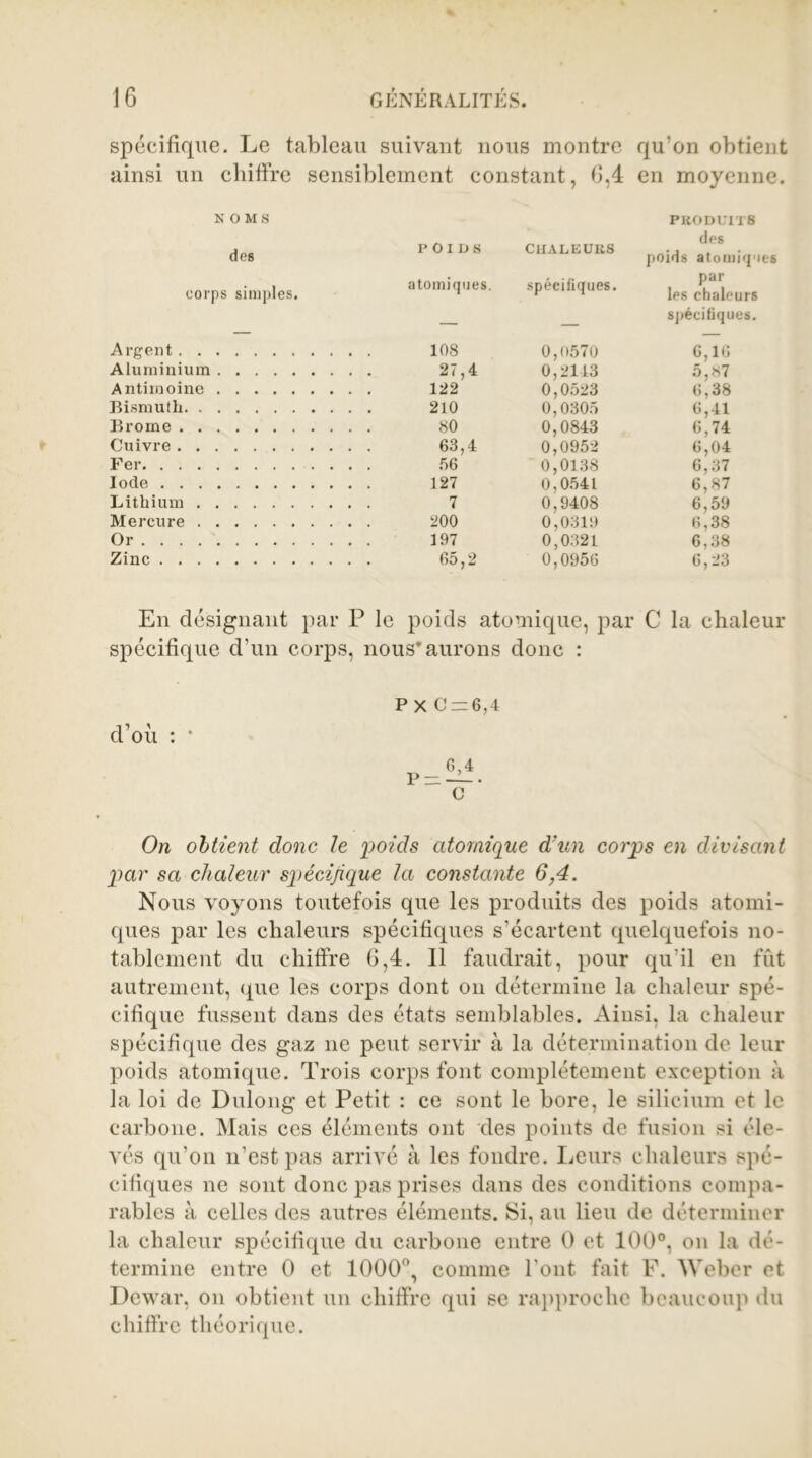 spécifique. Le tableau suivant nous montre qu’on obtient ainsi un chiffre sensiblement constant, 6,4 en moyenne. NOMS PRODUITS des POIDS CHALEURS des poids atomiques corps simples. atomiques. spécifiques. pâl- ies chaleurs — — spécifiques. Argent 108 0,0570 6,16 Aluminium 27,4 0,2143 5,87 Antimoine 122 0,0523 6,38 Bismuth 210 0,0305 6,41 Brome 80 0,0843 6,74 Cuivre 63,4 0,0952 6,04 Fer 56 0,0138 6,37 Iode 127 0,054L 6,87 Lithium 7 0,9408 6,59 Mercure 200 0,031!) 6,38 Or 197 0,0321 6,38 Zinc 65,2 0,0956 6,23 En désignant par P le poids atomique, par C la chaleur spécifique d’un corps, nous’aurons donc : PX C=z6,4 d’où : * 6,4 P — —L- . C On obtient donc le poids atomique d’un corps en divisant par sa chaleur spécifique la constante 6,4. Nous voyons toutefois que les produits des poids atomi- ques par les chaleurs spécifiques s’écartent quelquefois no- tablement du chiffre 6,4. Il faudrait, pour qu’il en fût autrement, que les corps dont on détermine la chaleur spé- cifique fussent dans des états semblables. Ainsi, la chaleur spécifique des gaz ne peut servir à la détermination de leur poids atomique. Trois corps font complètement exception à la loi de Dulong et Petit : ce sont le bore, le silicium et le carbone. Mais ces éléments ont des points de fusion si éle- vés qu’on n’est pas arrivé à les fondre. Leurs chaleurs spé- cifiques ne sont donc pas prises dans des conditions compa- rables à celles des autres éléments. Si, au lieu de déterminer la chaleur spécifique du carbone entre 0 et 100°, on la dé- termine entre 0 et 1000°, comme l’ont fait F. Weber et Dewar, on obtient un chiffre qui se rapproche beaucoup du chiffre théorique.