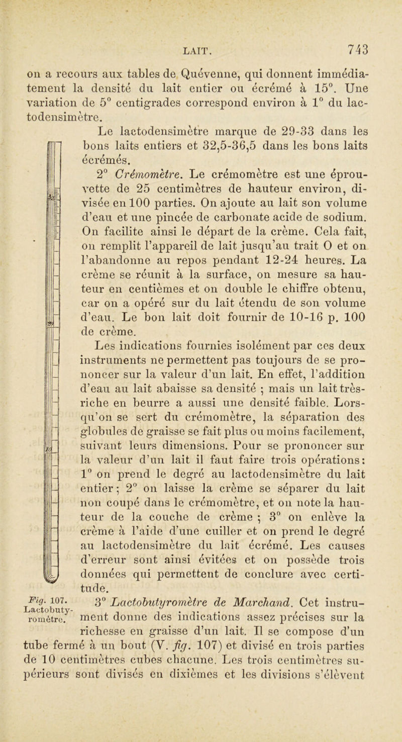on a recours aux tables de Quévenne, qui donnent immédia- tement la densité du lait entier ou écrémé à 15°. Une variation de 5° centigrades correspond environ à 1° du lac- todensimètre. Le lactodensimètre marque de 29-33 dans les bons laits entiers et 32,5-36,5 dans les bons laits écrémés. 2° Crémomètre. Le crémomètre est une éprou- vette de 25 centimètres de hauteur environ, di- visée en 100 parties. On ajoute au lait son volume d’eau et une pincée de carbonate acide de sodium. On facilite ainsi le départ de la crème. Cela fait, on remplit l’appareil de lait jusqu’au trait 0 et on l’abandonne au repos pendant 12-24 heures. La crème se réunit à la surface, on mesure sa hau- teur en centièmes et on double le chiffre obtenu, car on a opéré sur du lait étendu de son volume d’eau. Le bon lait doit fournir de 10-16 p. 100 de crème. Les indications fournies isolément par ces deux instruments ne permettent pas toujours de se pro- noncer sur la valeur d’un lait. En effet, l’addition d’eau au lait abaisse sa densité ; mais un lait très- riche en beurre a aussi une densité faible. Lors- qu’on se sert du crémomètre, la séparation des globules de graisse se fait plus ou moins facilement, suivant leurs dimensions. Pour se prononcer sur la valeur d’un lait il faut faire trois opérations: 1° on prend le degré au lactodensimètre du lait entier ; 2° on laisse la crème se séparer du lait non coupé dans le crémomètre, et on note la hau- teur de la couche de crème ; 3° on enlève la crème à l’aide d’une cuiller et on prend le degré au lactodensimètre du lait écrémé. Les causes d’erreur sont ainsi évitées et on possède trois données qui permettent de conclure avec certi- tude. 3° Lactobutyromètre de Marchand. Cet instru- ment donne des indications assez précises sur la richesse en graisse d’un lait. Il se compose d’un tube fermé à un bout (V. fig. 107) et divisé en trois parties de 10 centimètres cubes chacune. Les trois centimètres su- périeurs sont divisés en dixièmes et les divisions s’élèvent Fig. 107. Lactobuty- romètre.