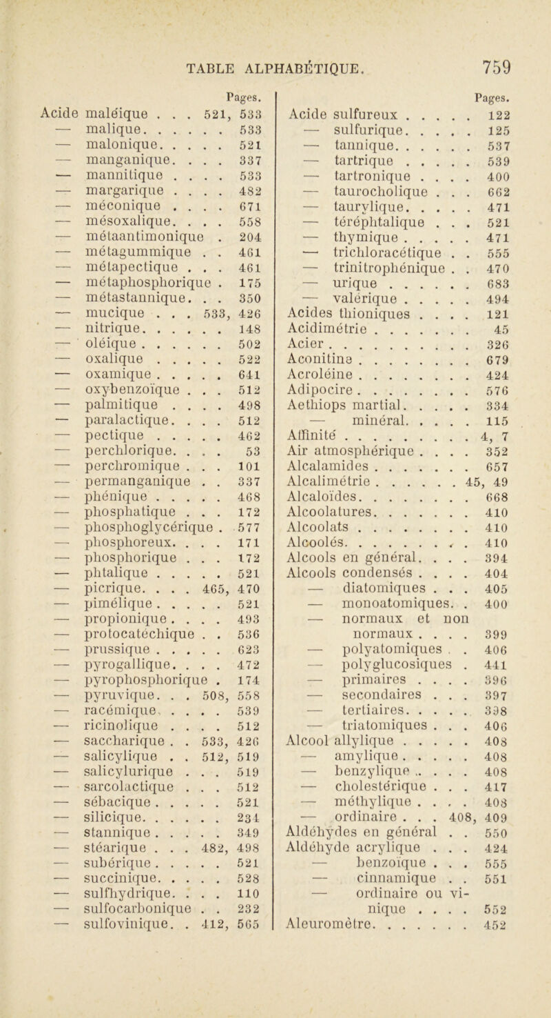 Acide male'ique . . . Pages. 521, 533 Acide sulfureux .... Pages. 122 — malique. . . . . . 533 — sulfurique. . . . 125 — malonique. . . . . 521 — tannique 537 -— manganique. . . . 337 — tartrique .... 539 — mannitique . . . . 533 — tartronique . . . 400 — margarique . . . . 482 — taurocholique . . 662 — méconique . . . . 671 — taurvlique. . . . 471 — mésoxalique. . . . 558 — téréphtalique . . • 521 -— métaantimomque . 204 — thymique .... 471 — metagummique . . 461 •—• trichloracétique . 555 — mélapectique . . . 461 — trinitrophénique . 470 — metaphosphonque . 175 — urique 683 — métastannique. . . 350 — valérique .... 494 — mucique . . . 533, 426 Acides thioniques . . . 121 — nitrique. . . . . . 148 Acidimétrie . 45 :— ' oléique .... . . 502 Acier . . . 326 — oxalique . . . . . 522 Aconitine 679 — oxamique . . . . . 641 Acroléine 424 — oxybenzoïque . . . 512 Adipocire 576 — palmitique . . . . 498 Aethiops martial. . . . 334 — paralactique. . . . 512 minéral. . . . 115 — pectique . . . . . 462 Affinité' 4, 7 — perchlorique. . . . 53 Air atmosphérique . . . 352 — percliromique . . . 101 Alcalamides 657 — ■ permanganique . . 337 Alcalimétrie 45, 49 — phénique . . . . . 468 Alcaloïdes 668 — pliosphatique . . . 172 Alcoolatures 410 — phosphoglycériq ue . 577 Alcoolats 410 — phosphoreux. . . . 171 Alcoolés 410 — phosphorique . . . 172 Alcools en général. . . 394 — phtalique . . . . . 521 Alcools condensés . . . 404 — picrique. . . . 465, 470 — diatomiques . . 405 — pimélique. . . . . 521 — monoatomiques. 400 — propionique . . . . 493 — normaux et non — protocatéchique . . 536 normaux . . . 399 — prussique . . . . . 623 — polyatomiques . 406 — pyrogallique. . . . 472 — polyglucosiques 441 — pyrophosphorique . 174 — primaires . . . 396 — pyruvique. . . 508, 558 — secondaires . . 397 — racémique, . . . . 539 — tertiaires. . . . 398 — ricinolique . . . . 512 — triatomiques . . 406 — saccharique . . 533, 426 Alcool allylique .... 408 — salicylique . . 512, 519 -—- amylique .... 408 — salicylurique . . . 519 — benzylique .. . . 408 — sarcolactique . . . 512 — cliolestérique . . 417 — sébacique . . . . . 521 — méthylique . . , 408 — silicique. . . . . . 234 — ordinaire . . . 408 , 409 — stannique . . . . . 349 Aldéhydes en général . 550 — stéarique . . . 482, 498 Aldéhyde acrylique . . 424 — subérique. . . . . 521 benzoïque . . 555 ■— succinique. . . . . 528 cinnamique . 551 ■— sulfhydrique. . . . 110 ordinaire ou v L- — sulfocarbonique . . 232 nique . . . 552 — sulfovinique. . 412, 565 Aleuromètre