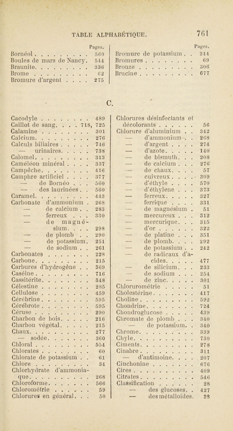 Tages. Bornéol 560 Boules de mars de Nancy. 544 Braunite 336 Brome 62 Bromure d’argent .... 275 Pages. Bromure de potassium . . 244 Bromures 69 Bronze 306 Brucine 677 C. Gacodyle 489 Caillot de sang. . . . 718, 725 Calamine 301 Calcium 276 Calculs biliaires 746 — urinaires 738 Calomel 313 Caméléon minéral .... 337 Campêche 416 Camphre artificiel .... 377 de Bornéo . . . 560 — des laurinées. . 560 Caramel 443 Carbonate d’ammonium . 268 — de calcium . . 283 —• ferreux . . . 330 — de magné- sium. . . . 298 — de plomb . . 290 — de potassium. 251 — de sodium . . 261 Carbonates 228 Carbone 215 Carbures d’hydrogène . . 369 Caséine 716 Cassitérite 348 Célestine 285 Cellulose 459 Cérébrine 595 Cérébrote 595 Céruse 290 Charbon de bois 216 Charbon végétal 215 Chaux 277 — sodée 360 Chloral 554 Chlorates 60 Chlorate de potassium . . 61 Chlore 34 Chlorhydrate d’ammonia- que 268 Chloroforme 566 Clilorométrie ....... 59 Chlorures en général. . . 50 Chlorures désinfectants et décolorants 56 Chlorure d’aluminium . . 342 d’ammonium . . 268 d’argent .... 274 — d’azote 140 de bismuth. . . 208 — de calcium . . . 276 — de chaux. ... 57 cuivreux. . . . • 309 —• d’éthyle .... 570 d’étliylene ... 373 — ferreux 327 ferrique .... 331 de magnésium . 51 mercureux . . . 312 mercurique. . . 315 d’or 322 de platine . . . 351 — de plomb. . . . 292 de potassium . . 242 de radicaux d’a- cides 477 de silicium. . . 233 de sodium . . . 254 de zinc 301 Chlorurométrie 51 Cholestérine 417 Choline 592 Cliondrine 7 24 Chondroglucose 439 Chromate de plomb . . . 340 de potassium. . 340 Chrome 339 Chyle 730 Ciments 278 Cinabre 311 d’antimoine. ... 207 Cinchonine 676 Cires 409 Citrates 546 Classification 28 — des glucoses. . 427 — des métalloïdes. 28