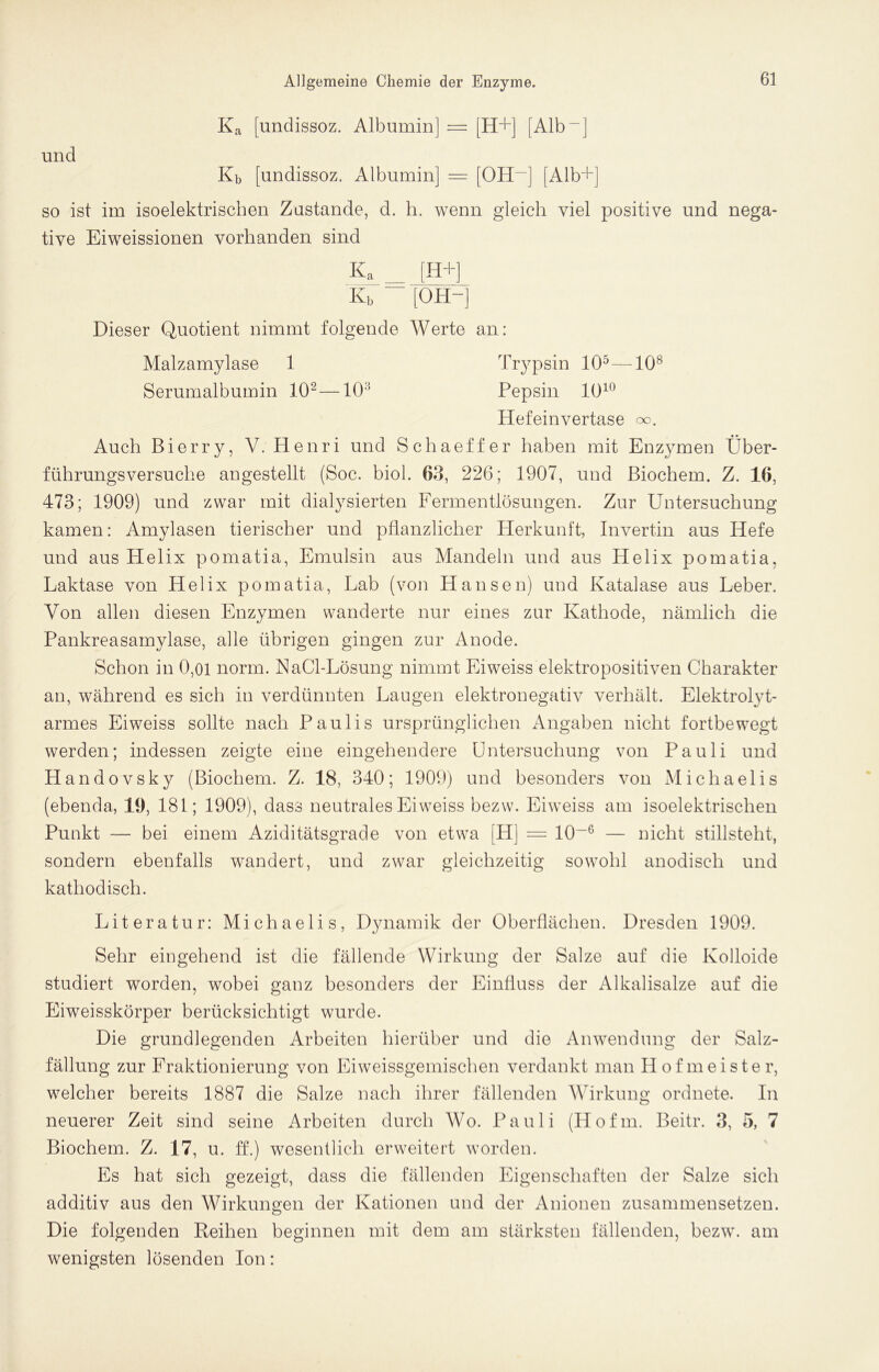 Ka [undissoz. Albumin] — [H+] [Alb-] 61 und Kb [undissoz. Albumin] = [OH-] [Alb+] so ist im isoelektrischen Zustande, d. h. wenn gleich viel positive und nega- tive Eiweissionen vorhanden sind Ka _ [H+] Kb [OH-] Dieser Quotient nimmt folgende Werte an: Malzamylase 1 Trypsin 105—108 Serumalbumin 102 — 10:i Pepsin 1010 Hefeinvertase oo. Auch Bierry, V. Henri und Schaeffer haben mit Enzymen Über- führungsversuche angestellt (Soc. biol. 63, 226; 1907, und Biochem. Z. 16, 473; 1909) und zwar mit dialysierten Fermentlösungen. Zur Untersuchung kamen: Amylasen tierischer und pflanzlicher Herkunft, Invertin aus Hefe und aus Helix pomatia, Emulsin aus Mandeln und aus Helix pomatia, Laktase von Helix pomatia, Lab (von Hansen) und Katalase aus Leber. Von allen diesen Enzymen wanderte nur eines zur Kathode, nämlich die Pankreasamylase, alle übrigen gingen zur Anode. Schon in 0,oi norm. NaCl-Lösung nimmt Eiweiss elektropositiven Charakter an, während es sich in verdünnten Laugen elektronegativ verhält. Elektrolyt- armes Eiweiss sollte nach Paulis ursprünglichen Angaben nicht fortbewegt werden; indessen zeigte eine eingehendere Untersuchung von Pauli und Handovsky (Biochem. Z. 18, 340; 1909) und besonders von Michaelis (ebenda, 19, 181; 1909), dass neutrales Eiweiss bezw. Eiweiss am isoelektrischen Punkt — bei einem Aziditätsgrade von etwa [H] = 10-6 — nicht stillsteht, sondern ebenfalls wandert, und zwar gleichzeitig sowohl anodisch und kathodisch. Literatur: Michaelis, Dynamik der Oberflächen. Dresden 1909. Sehr eingehend ist die fällende Wirkung der Salze auf die Kolloide studiert worden, wobei ganz besonders der Einfluss der Alkalisalze auf die Eiweisskörper berücksichtigt wurde. Die grundlegenden Arbeiten hierüber und die Anwendung der Salz- fällung zur Fraktionierung von Eiweissgemischen verdankt man Hofmeister, welcher bereits 1887 die Salze nach ihrer fällenden Wirkung ordnete. In neuerer Zeit sind seine Arbeiten durch Wo. Pauli (Hofm. Beitr. 3, 5, 7 Biochem. Z. 17, u. ff.) wesentlich erweitert worden. Es hat sich gezeigt, dass die fällenden Eigenschaften der Salze sich additiv aus den Wirkungen der Kationen und der Anionen zusammensetzen. Die folgenden Reihen beginnen mit dem am stärksten fällenden, bezw. am wenigsten lösenden Ion: