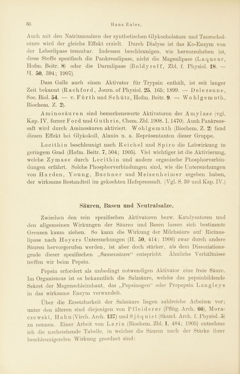 Auch mit den Natriumsalzen der synthetischen Glykocholsäure und Taurochol- säure wird der gleiche Effekt erzielt. Durch Dialyse ist das Ko-Enzym von der Leberlipase trennbar. Indessen beschleunigen, wie hervorzuheben ist, diese Stoffe spezifisch die Pankreaslipase, nicht die Magenlipase (Laqueur, Hohn. Beitr. 8) oder die Darmlipase (Boldyreff, Zbl. f. Plrysiol. 18. — H. 50, 394; 1907). Dass Galle auch einen Aktivator für Trypsin enthält, ist seit langer Zeit bekannt (Rachford, Journ. of Physiol. 25, 165; 1899. — Delezenne, Soc. Biol. 54. — v. Fürth und Schütz, Hofm. Beitr. 9. — Wohlgemuth, Biochem. Z. 2). Aminosäuren sind bemerkenswerte Aktivatoren der Amylase (vgl. Kap. IV, ferner Ford und Guth rie, Chem. Zbl. 1908. I. 1470). Auch Pankreas- saft wird durch Aminosäuren aktiviert. Wohlgemuth (Biochem. Z. 2) fand diesen Effekt bei Glykokoll, Alanin u. a. Repräsentanten dieser Gruppe. Lecithin beschleunigt nach Reichel und Spiro die Labwirkung in geringem Grad (Hofm. Beitr. 7, 504; 1905). Viel wichtiger ist die Aktivierung, welche Zymase durch Lecithin und andere organische Phosphorverbin- dungen erfährt. Solche Phosphorverbindungen sind, wie die Untersuchungen von Harden, Young, Büchner und Meisenheimer ergeben haben, der wirksame Bestandteil im gekochten Hefepresssaft. (Vgl. S. 39 und Kap. IV.) Säuren, Basen und Neutralsalze. Zwischen den rein spezifischen Aktivatoren bezw. Katalysatoren und den allgemeinen Wirkungen der Säuren und Basen lassen sich bestimmte Grenzen kaum ziehen. So kann die Wirkung der Milchsäure auf Ricinus- lipase nach Hoyers Untersuchungen (H. 50, 414; 1906) zwar durch andere Säuren hervorgerufen werden, ist aber doch stärker, als dem Dissoziations- grade dieser spezifischen „Samensäure“ entspricht. Ähnliche Verhältnisse treffen wir beim Pepsin. Pepsin erfordert als unbedingt notwendigen Aktivator eine freie Säure. Im Organismus ist es bekanntlich die Salzsäure, welche das pepsinbildende Sekret der Magenschleimhaut, das „Pepsinogen“ oder Propepsin Langleys in das wirksame Enzym verwandelt. Über die Ersetzbarkeit der Salzsäure liegen zahlreiche Arbeiten vor; unter den älteren sind diejenigen von Pfleiderer (Pflüg. Arcli. 66), Mora- czewski, Hahn (Virch. Arcli. 137) und Sjöq ui st (Skand. Arcli. f. Physiol. 5) zu nennen. Einer Arbeit von Darin (Biochem. Zbl. 1, 484; 1905) entnehme ich die nachstehende Tabelle, in welcher die Säuren nach der Stärke ihrer beschleunigenden Wirkung geordnet sind: