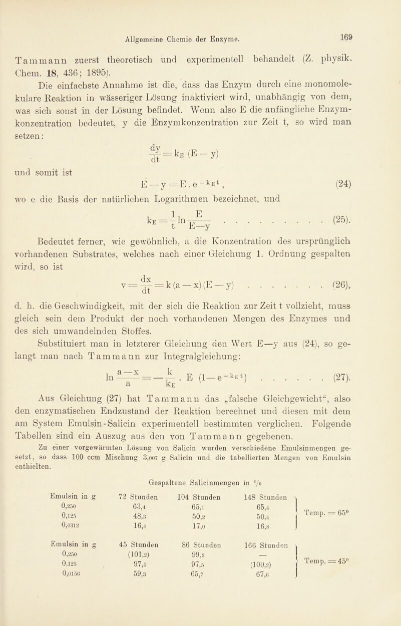 Tarn mann zuerst theoretisch und experimentell behandelt (Z. physik. Chem. 18, 436; 1895). Die einfachste Annahme ist die, dass das Enzym durch eine monomole- kulare Reaktion in wässeriger Lösung inaktiviert wird, unabhängig von dem, was sich sonst in der Lösung befindet. Wenn also E die anfängliche Enzym- konzentration bedeutet, y die Enzymkonzentration zur Zeit t, so wird man setzen: <ly dt und somit ist E — v = E.e-kEt , wo e die Basis der natürlichen Logarithmen bezeichnet, und E E—y Bedeutet ferner, wie gewöhnlich, a die Konzentration des ursprünglich vorhandenen Substrates, welches nach einer Gleichung 1. Ordnung gespalten wird, so ist d. h. die Geschwindigkeit, mit der sich die Reaktion zur Zeit t vollzieht, muss gleich sein dem Produkt der noch vorhandenen Mengen des Enzymes und des sich umwandelnden Stoffes. Substituiert man in letzterer Gleichung den Wert E—y aus (24), so ge- langt man nach Tarn mann zur Integralgleichung: ln a—x a k kE (27). Aus Gleichung (27) hat Tarn mann das ,, falsche Gleichgewicht“, also den enzymatischen Endzustand der Reaktion berechnet und diesen mit dem am System Emulsin -Salicin experimentell bestimmten verglichen. Folgende Tabellen sind ein Auszug aus den von Tammann gegebenen. Zu einer vorgewärmten Lösung von Salicin wurden verschiedene Emulsinmengen ge- setzt, so dass 100 ccm Mischung 3,007 g Salicin und die tabellierten Mengen von Emulsin enthielten. Gespaltene Salicinmengen in °/o Emulsin in g 72 Stunden 104 Stunden 148 Stunden 0,250 63,4 65,1 65,4 0,125 48,3 50,2 50,4 0,0312 16,4 17,o 16,8 Emulsin in g 45 Stunden 86 Stunden 166 Stunden 0,250 (101,2) 99,2 — 0,125 97,5 97,5 (100,2) 0,0156 59,3 65,7 67,(i Temp. = 65° [ Temp. = 45°