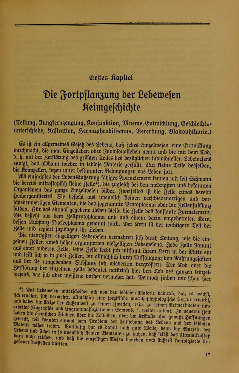 (Erftes ßapitel Oie Jortpflanäung ber fiebeioefen ßemtgefd)id)te (Teilung, 3ungfernäeugung, ßonjunktion, Prieme, (Bntoic&Iung, (Be[d)Ie(^ts- unterfd)iebe, ßaftration, 5)ermapI)robitismus, Vererbung, ©Ia[topE)t^oric.) eg ift ein allgemeines ©efefc be§ fiebenS, ba& jebeS ©njelmefen eine (Sntmidlung burdjmadjt, bie man einjelleben ober Snbiöibualleben nennt unb bie mit bem Sob, b. f)- mit ber 3er[törung beS grölen Seiles beS bezüglichen inbtoibueHen SebemefenS enbigt, baS aisbann mieber in leblofe Materie zerfällt. 9hir Heine Seile beleihen, bie Keimzellen, fepen unter beftimmten 93ebingungen baS Seben fort. m einfaches ber SebenSäuBerung fähiges ^ormelement lennen mir feit ©cbmann bie bereits mifroflopifd) Heine Belle*), bie zugleid) bei ben niebrigften un§ befannten Organismen baS ganze ©inzelmefen bilbet. BmeifelloS ift bie Belle etmaS bereits ^)d)organifierteS. ©ie beftetjt aus unenblid) Heinen üerfdtjiebenartigen unb ber<= ftyebenmertigen Elementen, bie baS fogenannte Protoplasma ober bie »ellenfubftanz Wben gür baS einmal gegebene ßeben bleibt bie Belle baS fonftante gormelement ©te beftefjt aus bem BellprotoplaSma unb aus einem barin eingebetteten fern beffen ©ubftana 9hicIeoplaSma genannt mirb. Ser Kern ift ber mistigere Seil ber BeUe unb regiert fogufagen ipr ßeben. ***** SebretDe^cn öermetiren fid) burd) Seilung, mie bie ein* meinen Sellen eines po^er orgamfierten üielgelligen SebemefenS. Bebe »eile ftammt ?”«tr??cCt?n ^e e' ®ne 3eIIe ferbt fid) mitfamt iljrem Kern in ber SRitte ein 2 b« i? ImlXnh™r*™'6 0l!;ä»öu^ «uffmiautta »on »«fcimosfäften fm umgebenben ©ubftanj fid) miebenttn bergröBem. Ser Sob ober bie Snri0abfrf,CltI?C[nen.?eIIe bebeutet natürlich Ijier ben Sob beS ganzen ©ituel* mefenS, baS fid) aber meiftenS borfjer bermeljrt $at. Sennod) finben mir fd)on |ier li*LÜ(2S?{n imterfdjeibet fid, bon ber Ieblofen Materie boburd), baB e§ mäcbft, unb babei bie'^ei^Är 6aIInm?fIid) efme fre8We morpl)opf>t)ftoIogifd,e Sejtur erwirbt, arbeitet b 1 ~U&enhJeU 8U feinen Sieden, refp. 3u feinen 9(rtmertmaten um- haben “? <$n3rammai)Oäiationcn ©emonS, f. weiter unten), $n neuerer »eit 2@tubien übei b* ©olloibeu, über bie Kriftalle ufw. gewiffe ßoftoaen CS ! dnten einmaI bem ^tobIem bcr entftetjung bei fiebenä au ber Ieblofen ÄÄÄ S80rIfufi° bat e* bamit od> fl“»« «Wfc, henn bk £r8ei„ £ ba8u ni*t\eicbeVVnbUha6bh^ ne,ne” ®Iei^nten äu fud)en, b«& fe^ft Ultramüroffop 0e£er barftentn büdtew ®Cfen bmteben °d) **** lomWerte Un- 1*