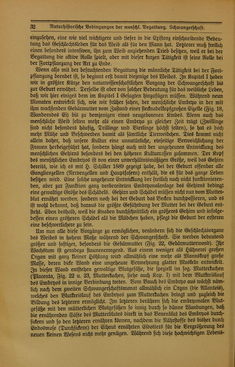 etnjufe^en, eine mie biel iuicf)tigerc unb tiefer in bie ©jifteng einfcfjneibenbe Vebeu* tung bag ©efd)led)tgleben für bag Söeib alg für bett 9Jiann £>at. Septerer muß freilich einen befonberg intenfiben, il)n gum SCßeib angieljenben Strieb befißen, meil er bei ber Begattung bie aftibe SRoIIe fpielt, ober mit biefer hirgen Xätigfeit ift feine SRolle bei ber gortpflanjung ber 2Irt gu ©nbe. Söenn alfo mit ber befrurfjtenben Begattung bie männliche Sätigleit bei ber gort* pflangung beenbet ift, fo beginnt erft bamit biejenige beg Söeibeg. gn Kapitel I haben mir in größter ftürge ben naturmiffenfd)afÜic§en Vorgang ber ©d)mangerfd)aft big gur ©eburt ermähnt. SDerfelbe ift aber bon foldjer Vebeutung für bag meiblidje geben, baß mir t)ier einigeg bem im tafntel I ©efagten ßmgufügen müffen. SBäßrenb neun SJionaten entmidelt fid), mie mir früher faßen, ber menfd)Iid)e ©mbrtjo in ber mit if)m macßfenben ©ebärmutter bom ßitftanb einer [tednabelfopfgroßen ©igelle (gig. 18, Söanbernbeg ©i) big gu bemjenigen eineg neugeborenen Äinbeg. Sßenn aud) bag menfd)Iid)e SBeib feiten meßr alg einen ©mbrßo gu gteidjer 3eit trägt (gmillinge finb nid)t befonberg häufig, Drillinge unb Gierlinge I)öd)[t feiten), fo hat eg bod) meßt 2)tül)e unb Vefcßmerben bamit alg fämtlidje STiermeibcßen. ®ieg lommt nid)t allein baßer, bafj unfere Kultur eine unnatürliche, einfeitige Vermeid)Iid)ung ber grauen herbeigeführt hat, fonbertt hängt aud) mit ber ungeheuren ©ntmicüung beg meufcßlicßen ©eßirng befonberg bei ben höheren Shdturr affen gufammen. 2)er $opf beg menfcßlicßen ©mbrßog ift bon einer unberhältnigmäfjigen ©röße, meil bag ©ehim bereitg, mie id) eg mit §. ©djiller 1889 gegeigt habe, bei ber ©eburt offenbar alle ©angliengelleu (9terbengeHen unb ipauptfafern) enthält, bie eg für bag gange geben befißen mirb. ©ine foldje ungeheure ©ntmidlung ber freilich aod) nicht funltionieren* ben, aber gur gunftion gang borbereiteten ©mbrßonalanlage beg ©eßirng bebingt eine gemaltige ©röfje beg ©d)äbelg. ©ehirn unb (Sdjäbel müffen nidjt nur bom 9)iutter* blut ernährt merben, fonbern nocß bei ber ©eburt bag Veden burcßpaffieren, unb eg ift mohl belannt, baß baraug bie größte ©efährbung ber SJtutter bei ber ©eburt ent* fteht. ©ben beghalb, meil bie stnaben burchfdhnittlich ein gröfjereg ©ehirn unb infolge* beffen einen größeren Sdjäbel alg bie fäMbcßen haben, pflegt bie ©eburt ber erfteren eine befäßmerlicßere gu fein. Um nun alle biefe Vorgänge gu ermöglichen, beränbern fid) bie ©efd)Ied)tgorgane beg SBeibeg in hohem äftaße mährenb ber ©djmangerfcßaft. Sie merben bebeutenb größer unb faftiger, befonberg bie ©ebärmutter (gig. 22, ©ebärmuttermanb). gßr Sßacßgtum ift gerabegu ftaunenerregenb. 2Iug einem meniger alg §üßnerei großen Drgan mit gang Heiner Jpößlung mirb allmählid) eine meßr alg 9Jianngfopf grofje Straffe, beren bide Sßanb eine ungeheure Vermehrung glatter ©tugfelu entmidelt. gn biefer Sßanb entftel)en gemaltige Vlutgefäße, bie fpegiell im fog. fJJhttterfucßen (ifSIacenta, gig. 22 u. 23, 9Jtutter!ud)en, fielje aud) ftap. I) mit bem Vlutfreiglauf beg ©mbrßog in innige Verbinbung treten. Vom Vaud) beg ©mbrtjo aug mäd)ft näm* lieh nach bem gmeiten ©d)mangerfd)aftgmonat allmählich ein Drgan (bie Mantoig), melcheg ben Vlutfreiglauf beg ©mbrt)og gum aftutterfudßen bringt unb gugleid) bie Vilbung beg lederen ermöglid)t. gm leßteren berühren fid) bie embrt)onaIen Vlut* gefäfje mit ben mütterlichen Vlutgefäfjen fo innig burd) fo bünne SBanbungen, bafj bie emäßrenben (Säfte beg ÜDiutterbluteg birelt in bag Venenblut beg ©mbrßog burd)« fidern unb fo ben teueren ernähren lönnen, nad)bein bie 9?äßrftoffe beg bigßer burd) ©nbogmofe (Sureßfidern) ber ©ißaut ernährten ©ibotterg für bie Vergrößerung beg neuen Heinen Sßefeng nicht mehr genügen. SBäßrenb fiep biefe hod)mid)tigen Sebeng«