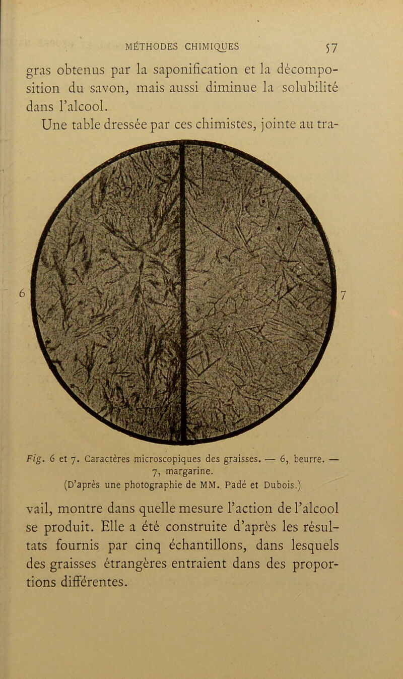 gras obtenus par la saponification et la décompo- sition du savon, mais aussi diminue la solubilité dans l’alcool. Une table dressée par ces chimistes, jointe au tra- Fig. 6 et 7. Caractères microscopiques des graisses. — 6, beurre. — 7, margarine. (D’après une photographie de MM. Padé et Dubois.) vail, montre dans quelle mesure l’action de l’alcool se produit. Elle a été construite d’après les résul- tats fournis par cinq échantillons, dans lesquels des graisses étrangères entraient dans des propor- tions différentes.