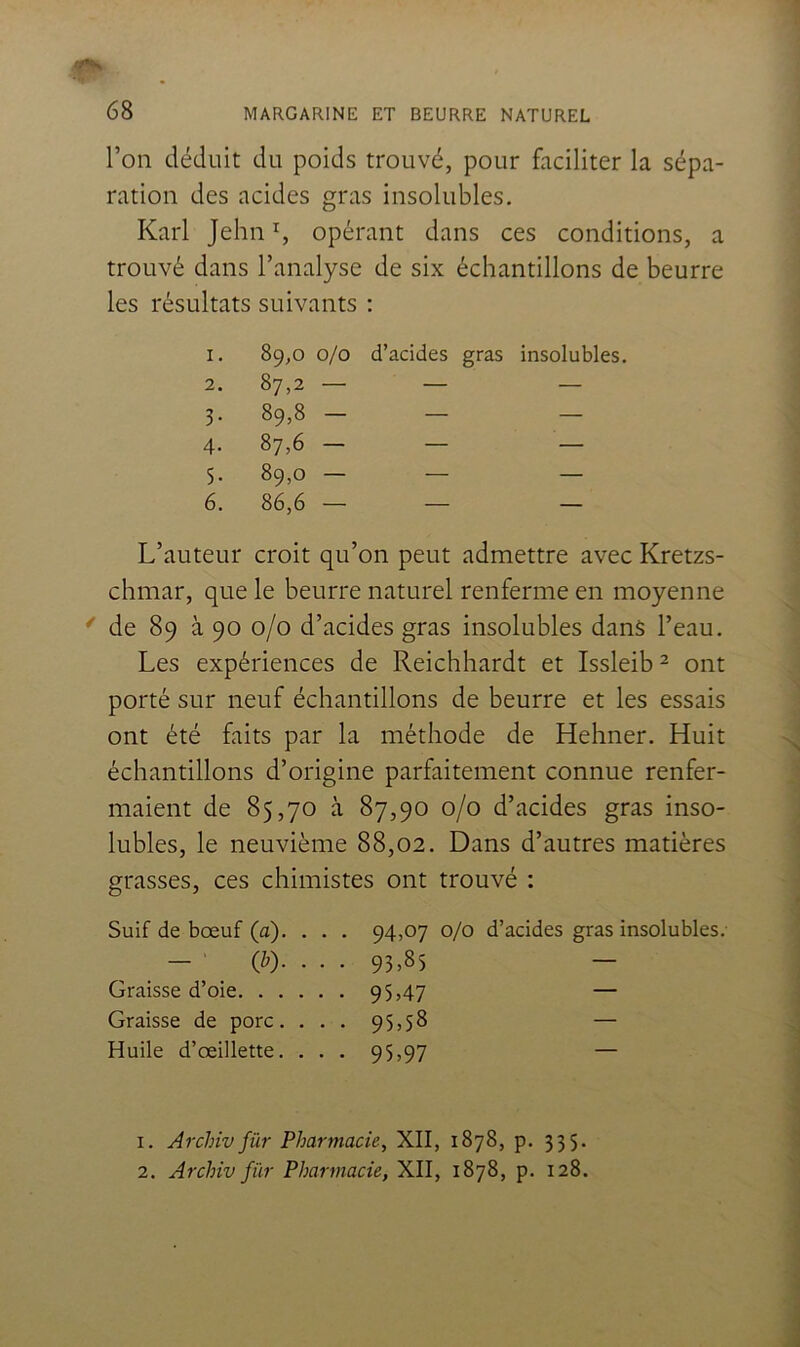 l’on déduit du poids trouvé, pour faciliter la sépa- ration des acides gras insolubles. Karl Jehn opérant dans ces conditions, a trouvé dans l’analyse de six échantillons de beurre les résultats suivants : 1. 89,0 0/0 d’acides gras insolubles. 2. 87,2 — — — 3. 89,8 — — — 4. 87,6 — — — 5. 89,0 — — — 6. 86,6 — — — L’auteur croit qu’on peut admettre avec Kretzs- chmar, que le beurre naturel renferme en moyenne ^ de 89 à 90 0/0 d’acides gras insolubles dans l’eau. Les expériences de Reichhardt et Issleib ^ ont porté sur neuf échantillons de beurre et les essais ont été faits par la méthode de Hehner. Huit échantillons d’origine parfaitement connue renfer- maient de 85,70 à 87,90 0/0 d’acides gras inso- lubles, le neuvième 88,02. Dans d’autres matières grasses, ces chimistes ont trouvé : Suif de bœuf (a), . . . 94,07 0/0 d’acides gras insolubles. — (b). . . . 93,85 — Graisse d’oie 9 5 >47 — Graisse de porc. . . . 95,58 — Huile d’œillette. . . . 95,97 — 1. Archiv für Pharmacie, XII, 1878, p. 335. 2. Archiv für Pha^-macie, XII, 1878, p. 128.