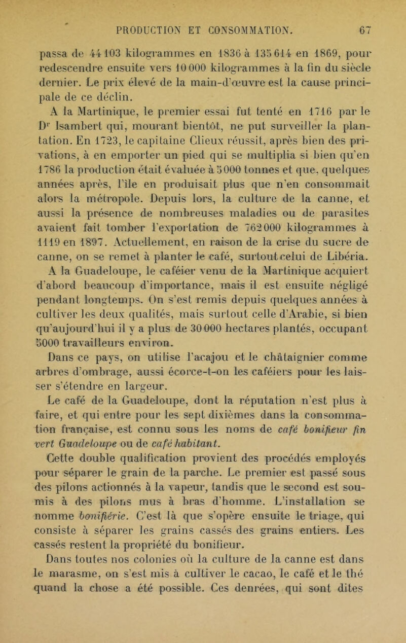 passa (le 44103 kilogrammes en 1836 à 135 614 en 1869, pour redescendre ensuite vers 10 000 kilogrammes à la fin du siècle dernier. Le prix élevé de la main-d’œuvre est la cause princi- pale de ce déclin. A la Marlinkpie, le premier essai fut tenté en 1716 parle I)*’ Isambert (jui, mourant bientôt, ne put surveiller la plan- tation. En 1723, le capitaine Clieux réussit, après bien des pri- vations, à en emporter un pied qui se multiplia si bien qu’en 1786 la production était évaluée à 3000 tonnes et que, quelques années après, file en produisait plus que n’en consommait alors la métropole. Depuis lors, la culture de la canne, et aussi la présence de nombreuses maladies ou de parasites avaient fait tomber l’exportation de 762000 kilogrammes à 1119 en 1897. Actuellement, en raison de la crise du sucre de canne, on se remet à planter le café, surtout celui de Libéria. A la Guadeloupe, le caféier venu de la Martini(iue acquiert d’abord beaucoup d’importance, mais il est ensuite négligé pendant longtemps. On s’est remis depuis quelques années à cultiver les deux qualités, mais surtout celle d’Arabie, si bien qu’aujourd’hui il y a plus de 30000 hectares plantés, occupant 5000 travailleurs environ. Dans ce pays, on utilise l’acajou et le châtaignier comme arbres d’ombrage, aussi écorce-t-on les caféiers pour les lais- ser s’étendre en largeur. Le café de la Guadeloupe, dont la réputation n’est plus à faire, et qui entre pour les sept dixièmes dans la consomma- tion fran(;aise, est connu sous les noms de café bonifeiir fin vert Guadeloupe ou de café habitant. Cette double qualification provient des procédées employés pour séparer le grain de la parche. Le premier est passé sous des pilons actionnés à la vapeur, landis que le second est sou- mis à des pilons mus à bras d’homme. L’installation se nomme bonifiérie. C’est là que s’opère ensuite le triage, qui consiste à séparer les grains cassés des grains entiers. Les cassés restent la propriété du bonifieur. Dans toutes nos colonies où la culture de la canne est dans le marasme, on s’est mis à cultiver le cacao, le café et le thé quand la chose a été possible. Ces denrées, qui sont dites