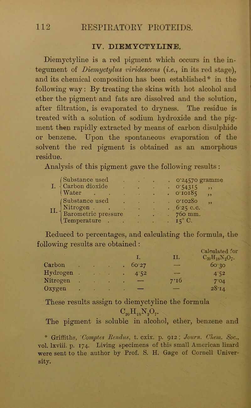 IV. DIEMYCTYLINE. Diemyctyline is a red pigment which occurs in the in- tegument of Diemyctylua viridescens (i.e., in its red stage), and its chemical composition has been established* in the following way : By treating the skins with hot alcohol and ether the pigment and fats are dissolved and the solution, after filtration, is evaporated to dryness. The residue is treated with a solution of sodium hydroxide and the pig- ment then rapidly extracted by means of carbon disulphide or benzene. Upon the spontaneous evaporation of the solvent the red pigment is obtained as an amorphous residue. Analysis of this pigment gave the following results : Substance used . . 0-24570 gramme I. Carbon dioxide 0'543i5 Water 0-10185 ,, Substance used 0-10280 ,, TT - Nitrogen 6 25 c.c. Barometric pressure 760 mm. Temperature .... 150 C. Eeduced to percentages, and calculating the formula, the following results are obtained: Calculated for I. II. CajH18N207. Carbon .... 6027 — 6030 Hydrogen . . . . 4'52 — 4-52 Nitrogen .... — 7'i6 7-04 Oxygen — — 28-14 These results assign to diemyctyline the formula C20H18N2O7. The pigment is soluble in alcohol, ether, benzene and * Griffiths, 'Comjoies Rendus, t. cxix. p. 912 ; Journ. Chem. Soc., vol. lxviii. p. 174. Living specimens of this small American lizard were sent to the author by Prof. S. H. Gage of Cornell Univer- sity.