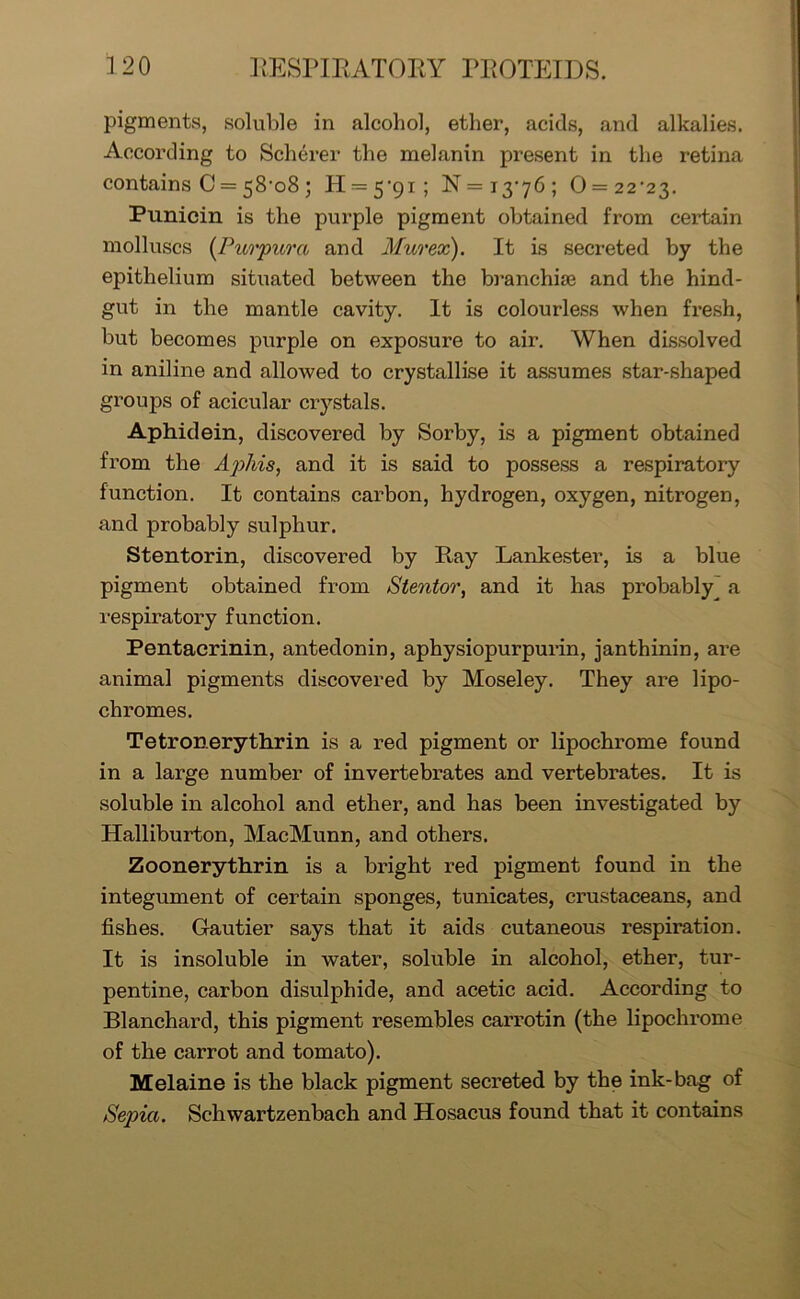 pigments, soluble in alcohol, ether, acids, and alkalies. According to Scherer the melanin present in the retina contains C = 58-o8; H — 5'gi; N=i3>76; 0 = 22’23. Punicin is the purple pigment obtained from certain molluscs [Purpura and Murex). It is secreted by the epithelium situated between the branchiae and the hind- gut in the mantle cavity. It is colourless when fresh, but becomes purple on exposure to air. When dissolved in aniline and allowed to crystallise it assumes star-shaped groups of acicular crystals. Aphidein, discovered by Sorby, is a pigment obtained from the Aphis, and it is said to possess a respiratory function. It contains carbon, hydrogen, oxygen, nitrogen, and probably sulphur. Stentorin, discovered by Pmy Lankester, is a blue pigment obtained from Stentor, and it has probably a respiratory function. Pentacrinin, antedonin, aphysiopurpurin, janthinin, are animal pigments discovered by Moseley. They are lipo- chromes. Tetronerythrin is a red pigment or lipochrome found in a large number of invertebrates and vertebrates. It is soluble in alcohol and ether, and has been investigated by Halliburton, MacMunn, and others. Zoonerythrin is a bright red pigment found in the integument of certain sponges, tunicates, crustaceans, and fishes. Gautier says that it aids cutaneous respiration. It is insoluble in water, soluble in alcohol, ether, tur- pentine, carbon disulphide, and acetic acid. According to Blanchard, this pigment resembles carrotin (the lipochrome of the carrot and tomato). Melaine is the black pigment secreted by the ink-bag of Sepia. Schwartzenbach and Hosacus found that it contains