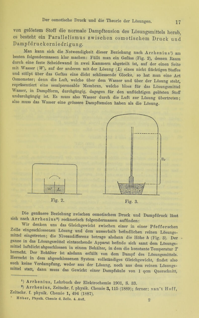 von gelöstem Stoff die normale Dampftension des Lösungsmittels herab es besteht ein Parallelismus zwischen osmotischem Druck und Dampfdruckerniedrigung. Man kann sich die Notwendigkeit dieser Beziehung nach Arrhenius1,) am besten folgendermassen klar machen: Füllt man ein Gefäss (Fig. 2), dessen Raum durch eine feste Scheidewand in zwei Kammern abgeteilt ist, auf der einen Seite mit Wasser (TT), auf der anderen mit der Lösung (L) eines nicht flüchtigen Stoffes und stülpt über das Gefäss eine dicht schliessende Glocke, so hat man eine Art Osmometer; denn die Luft, welche über dem Wasser und über der Lösung steht, repräsentiert eine semipermeable Membran, welche bloss für das Lösungsmittel Wasser, in Dampfform, durchgängig, dagegen für den unflüchtigen gelösten Stoff undurchgängig ist. Es muss also Wasser durch die Luft zur Lösung übertreten; also muss das Wasser eine grössere Dampftension haben als die Lösung. Fig. 2. Die genäuere Beziehung zwischen osmotischem Druck und Dampfdruck lässt sich nach Arrhenius2) rechnerisch folgendermassen auffinden: Wir denken uns das Gleichgewicht zwischen einer in einer Pfeffer sehen Zelle eingeschlossenen Lösung und dem ausserhalb befindlichen reinen Lösungs- mittel eingetreten; die Niveaudifferenz betrage alsdann die Höhe li (Fig. 3). Der ganze in das Lösungsmittel eintauchende Apparat befinde sich samt dem Lösungs- mittel luftdicht abgeschlossen in einem Behälter, in dem die konstante Temperatur T herrscht. Der Behälter ist alsdann erfüllt von dem Dampf des Lösungsmittels. Herrscht in dem abgeschlossenen System vollständiges Gleichgewicht, findet also auch keine Verdampfung, weder aus der Lösung, noch aus dem reinen Lösungs- mittel statt, dann muss das Gewicht einer Dampfsäule von 1 qcm Querschnitt, *) Arrhenius, Lehrbuch der Elektrochemie 1901, S. 33. ) Arrhenius, Zeitschr. f. physik. Chemie 3, 115 (1889); ferner; van’t Hoff, Zeitschr. f. physik. Chemie 1, 494 (1887). Höher, Physik. Chemie d. Zelle. 4. Aufl. 2