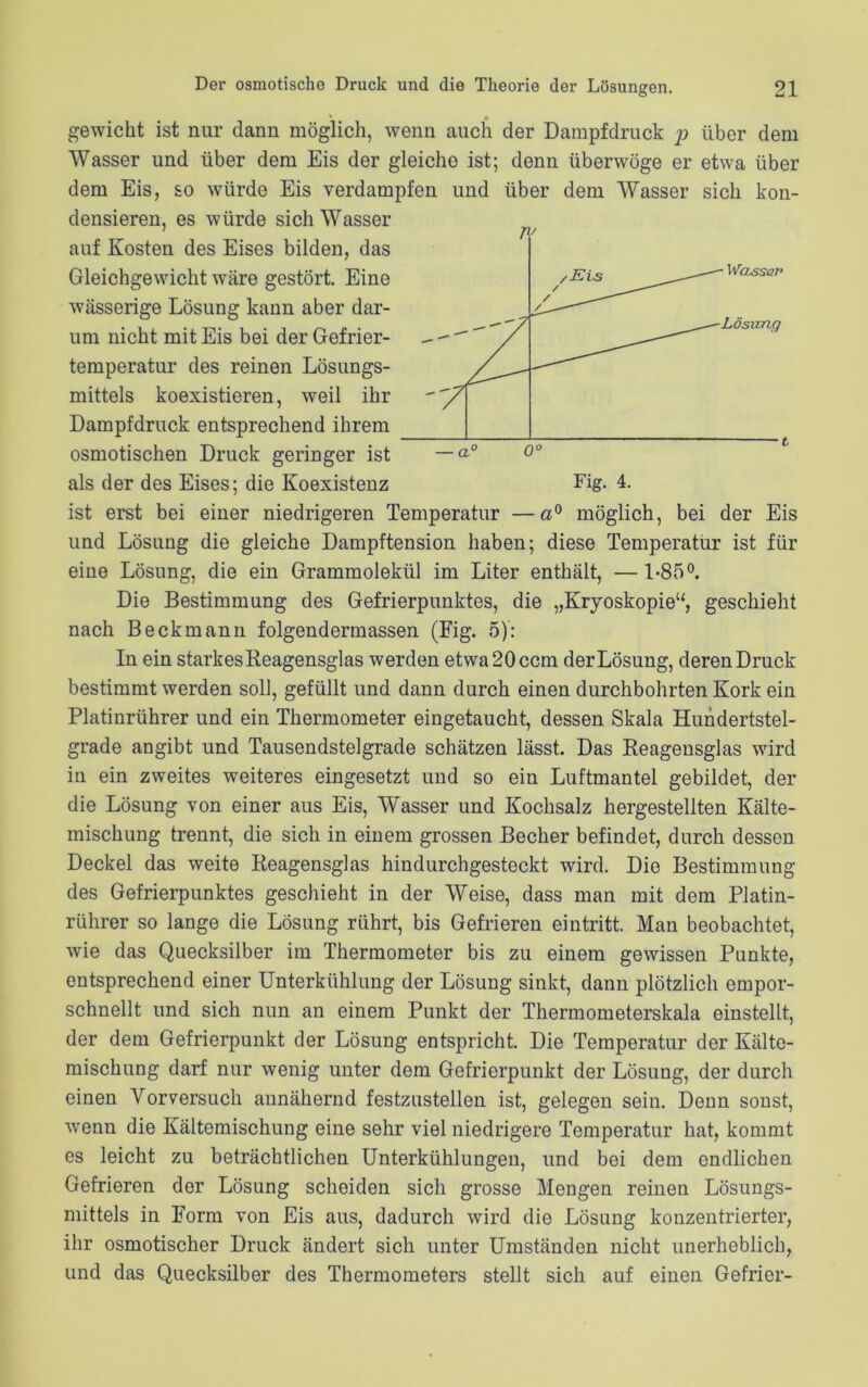 gewicht ist nur dann möglich, wenn auch der Dampfdruck }) über dem Wasser und über dem Eis der gleiche ist; denn überwöge er etwa über dem Eis, so würde Eis verdampfen und über dem Wasser sich kon- densieren, es würde sich Wasser auf Kosten des Eises bilden, das Gleichgewicht wäre gestört. Eine wässerige Lösung kann aber dar- um nicht mit Eis bei der Gefrier- temperatur des reinen Lösungs- mittels koexistieren, weil ihr Dampfdruck entsprechend ihrem osmotischen Druck geringer ist als der des Eises; die Koexistenz Fig. 4. ist erst bei einer niedrigeren Temperatur —a° möglich, bei der Eis und Lösung die gleiche Dampftension haben; diese Temperatur ist für eine Lösung, die ein Grammolekül im Liter enthält, —1-85°. Die Bestimmung des Gefrierpunktes, die „Kryoskopie“, geschieht nach Beckmann folgendermassen (Fig. 5): In ein starkes Reagensglas werden etwa 20 ccm der Lösung, deren Druck bestimmt werden soll, gefüllt und dann durch einen durchbohrten Kork ein Platinrührer und ein Thermometer eingetaucht, dessen Skala Hundertstel- grade angibt und Tausendstelgrade schätzen lässt. Das Reagensglas wird in ein zweites weiteres eingesetzt und so ein Luftmantel gebildet, der die Lösung von einer aus Eis, Wasser und Kochsalz hergestellten Kälte- mischung trennt, die sich in einem grossen Becher befindet, durch dessen Deckel das weite Reagensglas hindurchgesteckt wird. Die Bestimmung des Gefrierpunktes geschieht in der Weise, dass man mit dem Platin- rührer so lange die Lösung rührt, bis Gefrieren eintritt. Man beobachtet, wie das Quecksilber im Thermometer bis zu einem gewissen Punkte, entsprechend einer Unterkühlung der Lösung sinkt, dann plötzlich empor- schnellt und sich nun an einem Punkt der Thermometerskala einstellt, der dem Gefrierpunkt der Lösung entspricht. Die Temperatur der Kälte- mischung darf nur wenig unter dem Gefrierpunkt der Lösung, der durch einen Vorversuch annähernd festzustellen ist, gelegen sein. Denn sonst, wenn die Kältemischung eine sehr viel niedrigere Temperatur hat, kommt es leicht zu beträchtlichen Unterkühlungen, und bei dem endlichen Gefrieren der Lösung scheiden sich grosse Mengen reinen Lösungs- mittels in Form von Eis aus, dadurch wird die Lösung konzentrierter, ihr osmotischer Druck ändert sich unter Umständen nicht unerheblich, und das Quecksilber des Thermometers stellt sich auf einen Gefrier-