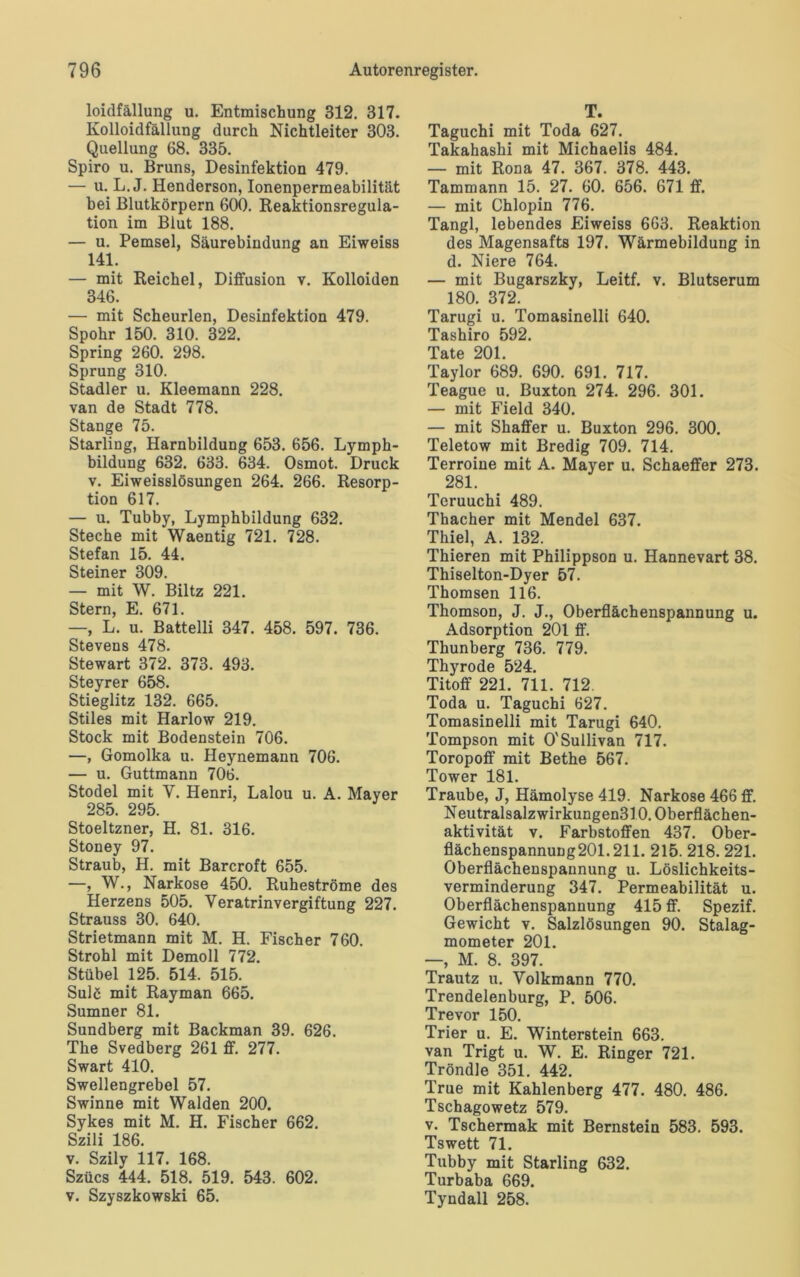 loidfällung u. Entmischung 312. 317. Kolloidfällung durch Nichtleiter 303. Quellung 68. 335. Spiro u. Bruns, Desinfektion 479. — u. L. J. Henderson, Ionenpermeabilität bei Blutkörpern 600. Reaktionsregula- tion im Blut 188. — u. Pemsel, Säurebindung an Eiweiss 141. — mit Reichel, Diffusion v. Kolloiden 346. — mit Scheurlen, Desinfektion 479. Spohr 150. 310. 322. Spring 260. 298. Sprung 310. Stadler u. Kleemann 228. van de Stadt 778. Stange 75. Starling, Harnbildung 653. 656. Lymph- bildung 632. 633. 634. Osmot. Druck v. Eiweisslösungen 264. 266. Resorp- tion 617. — u. Tubby, Lymphbildung 632. Steche mit Waentig 721. 728. Stefan 15. 44. Steiner 309. — mit W. Biltz 221. Stern, E. 671. —, L. u. Battelli 347. 458. 597. 736. Stevens 478. Stewart 372. 373. 493. Steyrer 658. Stieglitz 132. 665. Stiles mit Harlow 219. Stock mit Bodenstein 706. —, Gomolka u. Heynemann 706. — u. Guttmann 706. Stodel mit V. Henri, Lalou u. A. Mayer 285. 295. Stoeltzner, H. 81. 316. Stoney 97. Straub, H. mit Barcroft 655. —, W., Narkose 450. Ruheströme des Herzens 505. Veratrinvergiftung 227. Strauss 30. 640. Strietmann mit M. H. Fischer 760. Strohl mit Demoll 772. Stübel 125. 514. 515. Sulö mit Rayman 665. Sumner 81. Sundberg mit Backman 39. 626. The Svedberg 261 ff. 277. Swart 410. Swellengrebel 57. Swinne mit Waiden 200. Sykes mit M. H. Fischer 662. Szili 186. v. Szily 117. 168. Szücs 444. 518. 519. 543. 602. v. Szyszkowski 65. T. Taguchi mit Toda 627. Takahashi mit Michaelis 484. — mit Rona 47. 367. 378. 443. Tammann 15. 27. 60. 656. 671 ff. — mit Chlopin 776. Tangl, lebendes Eiweiss 663. Reaktion des Magensafts 197. Wärmebildung in d. Niere 764. — mit Bugarszky, Leitf. v. Blutserum 180. 372. Tarugi u. Tomasinellt 640. Tashiro 592. Tate 201. Taylor 689. 690. 691. 717. Teague u. Buxton 274. 296. 301. — mit Field 340. — mit Shaffer u. Buxton 296. 300. Teletow mit Bredig 709. 714. Terroine mit A. Mayer u. Schaeffer 273. 281. Teruuchi 489. Thacher mit Mendel 637. Thiel, A. 132. Thieren mit Philippson u. Hannevart 38. Thiselton-Dyer 57. Thomsen 116. Thomson, J. J., Oberflächenspannung u. Adsorption 201 ff. Thunberg 736. 779. Thyrode 524. Titoff 221. 711. 712. Toda u. Taguchi 627. Tomasinelli mit Tarugi 640. Tompson mit O'Sullivan 717. Toropoff mit Bethe 567. Tower 181. Traube, J, Hämolyse 419. Narkose 466 ff. Neutralsalzwirkungen310. Oberflächen- aktivität v. Farbstoffen 437. Ober- flächenspannung201.211. 215. 218. 221. Oberflächenspannung u. Löslichkeits- verminderung 347. Permeabilität u. Oberflächenspannung 415 ff. Spezif. Gewicht v. Salzlösungen 90. Stalag- mometer 201. —, M. 8. 397. Trautz u. Yolkmann 770. Trendelenburg, P. 506. Trevor 150. Trier u. E. Winterstein 663. van Trigt u. W. E. Ringer 721. Tröndle 351. 442. True mit Kahlenberg 477. 480. 486. Tschagowetz 579. v. Tschermak mit Bernstein 583. 593. Tswett 71. Tubby mit Starling 632. Turbaba 669. Tyndall 258.