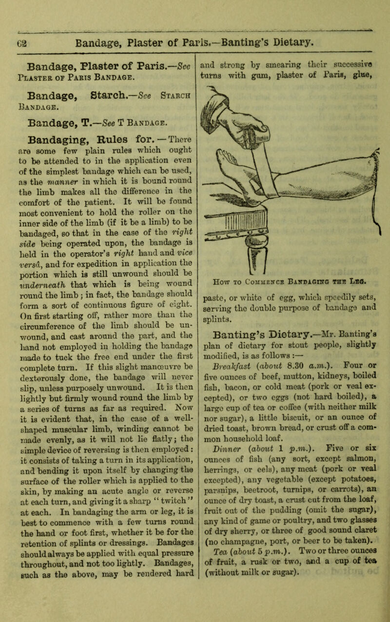 Bandage, Plaster of Paris.— Plaster or Paris Bandage. Bandage, Starch.—See Starch Bandage. Bandage, T.—/See T Bandage. Bandaging, Rules for.—There are some few plain rules which ought to be attended to in the application even of the simplest bandage which can be used, as the manner in which it is bound round the limb makes all the difference in the comfort of the patient. It will be found most convenient to hold the roller on the inner side of the limb (if it be a limb) to be bandaged, so that in the case of the rnglit side being operated upon, the bandage is held in the operator’s right hand and rice rersd, and for expedition in application the portion which is stiU unwound should be underneath that which is being wound round the limb; in fact, the bandage should form a sort of continuous figure of eight. On first starting off, rather more tliau the circumference of the limb should be un- wound, and cast around the part, and the hand not employed in holding the bandage made to tuck the free end under the first complete turn. If tliis slight manoeuvre be dexterously done, the bandage will never slip, unless purposely unwound. It is then lightly but firmly wound round the limb by a series of turns as far as required. Now it is evident that, in the case of a well- shaped muscular limb, winding cannot be r.aade evenly, as it will not lie flatly; the simple device of reversing is then employed : it consists of taking a turn in its application, and bending it upon itself by changing the surface of the roller which is applied to the skin, by making an acute angle or reverse at each turn, and giving it a sharp “ twitch ” at each. In bandaging the arm or leg, it is best to commence with a few turns round the hand or foot first, whether it be for the retention of splints or dressings. Bandages should always be applied with equal pressure throughout, and not too lightly. Bandages, such as the above, may be rendered hard and strong by smearing their successive turns with gum, plaster of Paris, glue, paste, or white of egg, which speedily sets, serving the double purpose of bandage and splints. Banting’s Dietary.—Mr. Banting’s plan of dietary for stout people, slightly modified, is as follows :— Breakfast {about 8.30 a.m.). Four or five ounces of beef, mutton, kidneys, boiled fish, bacon, or cold meat (pork or veal ex- cepted), or two eggs (not hard boiled), a largo cup of tea or coffee (with neither milk nor sugar), a little biscuit, or an ounce of dried toast, brown bread, or crust off a com- mon household loaf. Dinner {about 1 p.m.). Five or six ounces of fish (any sort, except salmon, herrings, or eels), any meat (pork or veal excepted), any vegetable (except potatoes, parsnips, beetroot, turnips, or carrots), an ounce of dry toast, a crust cut from the loaf, fruit out of the pudding (omit the sugar), any kind of game or poultry, and two glasses of dry sherry, or three of good sound claret (no champagne, port, or beer to be taken). Tea {about o p.m.). Two or three ounces of fruit, a rusk or two, and a cup of tea (without milk or sugar).