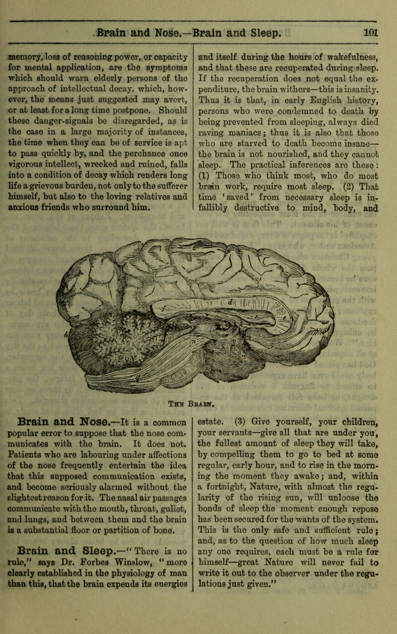 Brain and Nose.—Brain and Sleep. lOX memory, loss of reasoning power, or capacity for mental application, are the symptoms which should warn elderly persons of the approach of intellectual decay, which, how- ever, the means just suggested may avert, or at least for a long time postpone. Should these danger-signals be disregarded, as is the case in a large majority of instances, the time when they can be of service is apt to pass quickly by, and the perchance once vigorous intellect, wrecked and ruined, falls into a condition of decay which renders long life a grievous burden, not only to the sufferer himself, but also to the loving relatives and anxious friends who surround him. and itself during the hours of wakefulness, and that these are recuperated during sleep. If the recuperation does not equal the ex- penditure, the brain withers—this is insanity. Thus it is that, in early English history, persons who were condemned to death by being prevented from sleeping, always died raving maniacs; thus it is also that those who are starved to death become insane— the brain is not nourished, and they cannot sleep. The practical inferences are these: (1) Those who think most, who do most brain work, require most sleep. (2) That time ‘saved’ from necessary sleep is in- fallibly destructive to mind, body, and Brain and Nose. —It is a common popular error to suppose that the nose com- municates with the brain. It does not. Patients who are labouring under affections of the nose frequently entertain the idea that this supposed communication exists, and become seriously alarmed without the slightest reason for it. The nasal air passages communicate with the mouth, throat, gullet, and lungs, and between them and the brain is a substantial floor or partition of bone. Brain and Sleep.—“ There is no rule,” says Dr. Forbes Winslow, “ more clearly established in the physiology of man than this, that the brain expends its energies estate. (3) Give yourself, your children, your servants—give all that are under you, the fullest amount of sleep they will take, by compelling them to go to bed at some regular, early hour, and to rise in the morn- ing the moment they awake; and, within a fortnight. Nature, with almost the regu- larity of the rising sun, will unloose the bonds of sleep the moment enough repose has been secured for the wants of the system. This is the only safe and sufficient rule; and, as to the question of how much sleep any one requires, each must be a rule for himself—great Nature will never fail to write it out to the observer under the regu- lations just given.”