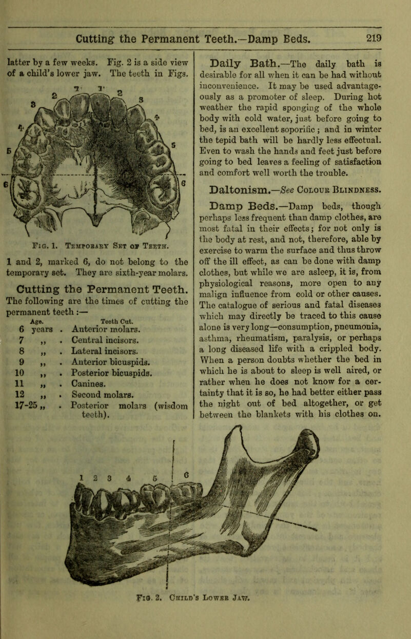 latter by a few weeks. Fig. 2 is a side view of a child’s lower jaw. The teeth in Figs. Fig. 1. Tempobaby Set qv Teeth. 1 and 2, marked 6, do not belong to the temporary set. They are sixth-year molars. Cutting the Permanent Teeth. The following are the times of cutting the permanent teeth:— 6 *7 8 9 10 11 12 17-25 Ago. years _ Teeth Cut. Anterior molars. Central incisors. Lateral incisors. Anterior bicuspids. Posterior bicuspids. Canines. Second molars. Posterior molars (wisdom teeth). Daily Path.—The daily bath is desirable for all v/hen it can be had without inconvenience. It may be used advantage- ously as a promoter of sleep. During hot weather the rapid sponging of the whole body with cold water, just before going to bed, is an excellent soporitic ; and in winter the tepid bath will be hardly less eflfectual. Even to wash the hands and feet just before going to bed leaves a feeling of satisfaction and comfort well worth the trouble. Daltonism.—iSee Colour Blindness. Damp Beds.—Damp beds, though perhaps less frequent than damp clothes, are most fatal in their elfects; for not only is the body at rest, and not, therefore, able by exercise to warm the surface and thus throw off the ill effect, as can be done with damp clothes, but while we are asleep, it is, from physiological reasons, more open to any malign influence from cold or other causes. The catalogue of serious and fatal diseases which may directly be traced to this cause alone is very long—consumption, pneumonia, asthma, rheumatism, paralysis, or perhaps a long diseased life with a crippled body. When a person doubts whether the bed in which he is about to sleep is well aired, or rather when he does not know for a cer- tainty that it is so, he had better either pass the night out of bed altogether, or get between the blankets with his clothes on. Fxa. 2. Child's Loweb Ja.w.