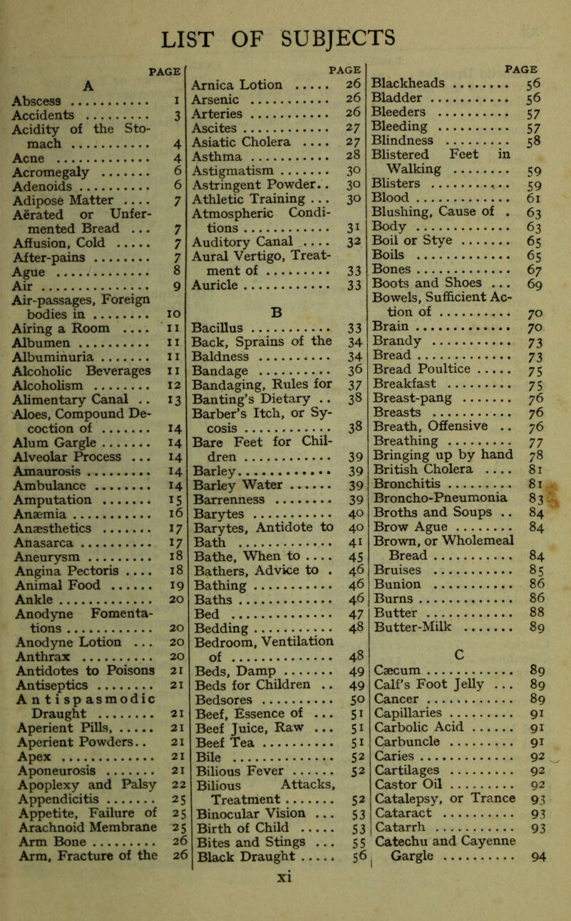 LIST OF SUBJECTS PAGE A Abscess i Accidents 3 Acidity of the Sto- mach 4 Acne 4 Acromegaly 6 Adenoids 6 Adipose Matter .... 7 Aerated or Unfer- mented Bread ... 7 Affusion, Cold 7 After-pains 7 Ague 8 Air 9 Air-passages, Foreign bodies in io Airing a Room .... 11 Albumen 11 Albuminuria 11 Alcoholic Beverages 11 Alcoholism 12 Alimentary Canal .. 13 Aloes, Compound De- coction of 14 Alum Gargle 14 Alveolar Process ... 14 Amaurosis 14 Ambulance 14 Amputation 15 Anaemia 16 Anaesthetics 17 Anasarca 17 Aneurysm 18 Angina Pectoris .... 18 Animal Food 19 Ankle 20 Anodyne Fomenta- tions 20 Anodyne Lotion ... 20 Anthrax 20 Antidotes to Poisons 21 Antiseptics 21 A n t i sp asmodic Draught 21 Aperient Pills, 21 Aperient Powders.. 21 Apex 21 Aponeurosis 21 Apoplexy and Palsy 22 Appendicitis 25 Appetite, Failure of 25 Arachnoid Membrane 25 Arm Bone 26 Arm, Fracture of the 26 PAGE Arnica Lotion 26 Arsenic 26 Arteries 26 Ascites 27 Asiatic Cholera .... 27 Asthma 28 Astigmatism 3° Astringent Powder.. 30 Athletic Training ... 30 Atmospheric Condi- tions 31 Auditory Canal .... 32 Aural Vertigo, Treat- ment of 33 Auricle 33 B Bacillus 33 Back, Sprains of the 34 Baldness *.. • 34 Bandage 36 Bandaging, Rules for 37 Banting’s Dietary .. 38 Barber’s Itch, or Sy- cosis • • 38 Bare Feet for Chil- dren 39 Barley 39 Barley Water 39 Barrenness 39 Barytes 4° Barytes, Antidote to 40 Bath 41 Bathe, When to 45 Bathers, Advice to . 46 Bathing 46 Baths 4^ Bed 47 Bedding 48 Bedroom, Ventilation of 48 Beds, Damp 49 Beds for Children .. 49 Bedsores 5° Beef, Essence of ... 51 Beef Juice, Raw ... 51 Beef Tea 51 Bile 52 Bilious Fever 52 Bilious Attacks, Treatment 52 Binocular Vision ... 53 Birth of Child 53 Bites and Stings ... 55 Black Draught 56 PAGE Blackheads 56 Bladder 56 Bleeders 57 Bleeding 57 Blindness 58 Blistered Feet in Walking 59 Blisters 59 Blood 61 Blushing, Cause of . 63 Body 63 Boil or Stye 65 Boils 65 Bones 67 Boots and Shoes ... 69 Bowels, Sufficient Ac- tion of 70 Brain 70 Brandy 73 Bread 73 Bread Poultice 75 Breakfast 75 Breast-pang 76 Breasts 76 Breath, Offensive .. 76 Breathing 77 Bringing up by hand 78 British Cholera .... 81 Bronchitis 81 Broncho-Pneumonia 83 Broths and Soups .. 84 Brow Ague 84 Brown, or Wholemeal Bread 84 Bruises 85 Bunion 86 Burns 86 Butter 88 Butter-Milk 89 C Caecum 89 Calf’s Foot Jelly ... 89 Cancer 89 Capillaries 91 Carbolic Acid 91 Carbuncle 91 Caries 92 Cartilages 92 Castor Oil 92 Catalepsy, or Trance 93 Cataract 93 Catarrh 93 Catechu and Cayenne Gargle 94