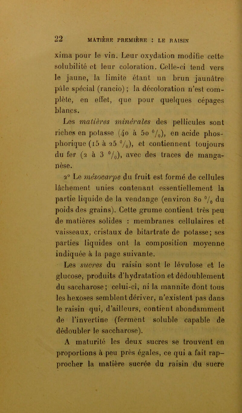 xima pour le vin. Leur oxydation modifie cette solubilité et leur coloration. Celle-ci tend vers le jaune, la limite étant un brun jaunâtre pâle spécial (rancio) ; la décoloration n’est com- plète, en effet, que pour quelques cépages blancs. Les matières minérales des pellicules sont riches en potasse (4.0 à 5o °/0), en acide phos- pborique (i5 à 25 °/0), et contiennent toujours du fer (2 à 3 °/0), avec des traces de manga- nèse. 20 Le mésocarpe du fruit est formé de cellules lâchement unies contenant essentiellement la partie liquide de la vendange (environ 80 °/0 du poids des grains). Cette grume contient très peu de matières solides : membranes cellulaires et vaisseaux, cristaux de bitartrate de potasse; ses parties liquides ont la composition moyenne indiquée à la page suivante. Les sucres du raisin sont le lévulose et le glucose, produits d’hydratation et dédoublement du saccharose; celui-ci, ni la mannite dont tous leshexoses semblent dériver, n’existent pas dans le raisin qui, d’ailleurs, contient abondamment de l’inverline (ferment soluble capable de dédoubler le saccharose). A maturité les deux sucres se trouvent en proportions à peu près égales, ce qui a fait rap- procher la matière sucrée du raisin du sucre