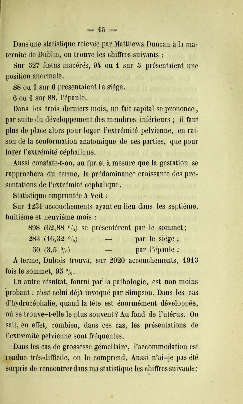 Dans une statistique relevée par Matthews Duncan à la ma- ternité de Dublin* on trouve les chiffres suivants : Sur 527 fœtus macérés, 94 ou 1 sur 5 présentaient une position anormale. 88 ou 1 sur 6 présentaient le siège. 6 ou 1 sur 88, l’épaule. Dans les trois derniers mois, un fait capital se prononce, par suite du développement des membres inférieurs ; il faut plus de place alors pour loger l’extrémité pelvienne, en rai- son de la conformation anatomique de ces parties, que pour loger l’extrémité céphalique. Aussi constate-t-on, au fur. et à mesure que la gestation se rapprochera du terme, la prédominance croissante des pré- sentations de l’extrémité céphalique. Statistique empruntée à Yeit : Sur 1231 accouchements ayant eu lieu dans les septième, huitième et neuvième mois : 898 (62,88 %) se présentèrent par le sommet; 283 (16,32 %) — par le siège ; 50 (3,5 %) — par l’épaule ; A terme, Dubois trouva, sur 2020 accouchements, 1913 fois le sommet, 95 %. Un autre résultat, fourni par la pathologie, est non moins probant : c’est celui déjà invoqué par Simpson. Dans les cas d’hydrocéphalie, quand la tête est énormément développée, où se trouve-t-elle le plus souvent? Au fond de l’utérus. On sait, en effet, combien, dans ces cas, les présentations de l’extrémité pelvienne sont fréquentes. Dans les cas de grossesse gémellaire, l’accommodation est rendue très-difficile, on le comprend, Aussi n’ai-je pas été surpris de rencontrer dans ma statistique les chiffres suivants ;