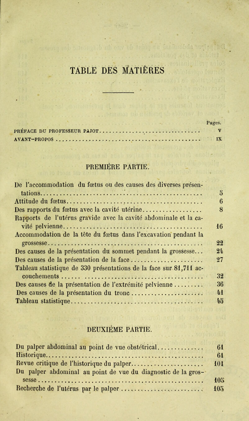 TABLE DES MATIÈRES Pages. PRÉFACE DU PROFESSEUR PAJOT V AVANT-PROPOS IX PREMIÈRE PARTIE. De l’accommodation du fœtus ou des causes des diverses présen- tations 5 Attitude du fœtus 6 Des rapports du fœtus avec la cavité utérine 8 Rapports de l’utérus gravide avec la cavité abdominale et la ca- vité pelvienne 16 Accommodation de la tête du fœtus dans l’excavation pendant la grossesse 22 Des causes de la présentation du sommet pendant la grossesse... 24 Des causes de la présentation de la face 27 Tableau statistique de 330 présentations de la face sur 81,711 ac- couchements 32 Des causes de la présentation de l’extrémité pelvienne 36 Des causes de la présentation du tronc .. 41 Tableau statistique 45 DEUXIÈME PARTIE. Du palper abdominal au point de vue obstétrical 61 Historique 61 Revue critique de l’historique du palper 101 Du palper abdominal au point de vue du diagnostic de la gros- sesse 105 Recherche de l’utérus par le palper 105