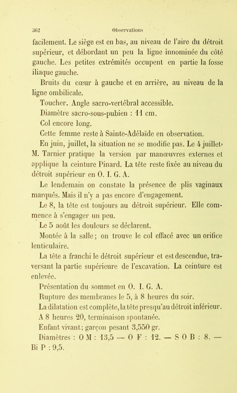 facilement. Le siège est en bas, au niveau de l’aire du détroit supérieur, et débordant un peu la ligne innommée du côté gauche. Les petites extrémités occupent en partie la fosse iliaque gauche. Bruits du cœur à gauche et en arrière, au niveau de la ligne ombilicale. Toucher. Angle sacro-vertébral accessible. Diamètre sacro-sous-pubien : 11 cm. Col encore long. Cette femme reste à Sainte-Adélaïde en observation. En juin, juillet, la situation ne se modifie pas. Le 4 juillet? M. Tarnier pratique la version par manœuvres externes et applique la ceinture Pinard. La tête reste fixée au niveau du détroit supérieur en 0. I. G. A. Le lendemain on constate la présence de plis vaginaux marqués. Mais il n’y a pas encore d’engagement. Le 8, la tête est toujours au détroit supérieur. Elle com- mence à s’engager un peu. Le 5 août les douleurs se déclarent. Montée à la salle; on trouve le col effacé avec un orifice lenticulaire. La tête a franchi le détroit supérieur et est descendue, tra- versant la partie supérieure de l’excavation. La ceinture est enlevée. Présentation du sommet en 0. I. G. A. Rupture des membranes le 5, à 8 heures du soir. La dilatation est complète, la tête presqu’au détroit inférieur. A 8 heures 20, terminaison spontanée. Enfant vivant; garçon pesant 8,550 gr. Diamètres : 0 M : 18,5 — O F : 12. — S O B : 8. — Bi P : 9,5.