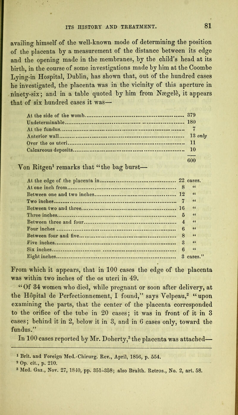 availing himself of the well-known mode of determining the position of the placenta by a measurement of the distance between its edge and the opening made in the membranes, by the child’s head at its birth, in the course of some investigations made by him at the Coombe Lying-in Hospital, Dublin, has shown that, out of the hundred cases he investigated, the placenta was in the vicinity of this aperture in ninety-six; and in a table quoted by him from Nsegele, it appears that of six hundred cases it was— At the side of the womb 379 Undeterminable 180 At the fundus 7 Anterior wall 13 only Over the os uteri 11 Calcareous deposits 10 600 Yon Ritgen1 remarks that “the bag burst— At the edge of the placenta in 22 cases. At one inch from 8 “ Between one and two inches 12 “ Two inches 7 “ Between two and three 16 “ Three inches 5 “ Between three and four 4 “ Four inches 6 “ Between four and five 8 “ Five inches 3 “ Six inches 6 “ Eight inches 3 cases.” From which it appears, that in 100 cases the edge of the placenta was within two inches of the os uteri in 49. “Of 34 women who died, while pregnant or soon after delivery, at the HOpital de Perfectionnement, I found,” says Velpeau,2 “upon examining the parts, that the center of the placenta corresponded to the orifice of the tube in 20 cases; it was in front of it in 3 cases; behind it in 2, below it in 3, and in 6 cases only, toward the fundus.” In 100 cases reported by Mr. Doherty,3 the placenta was attached— 1 Brit, and Foreign Med.-Chirurg. Rev., April, 1856, p. 554. 2 Op. cit., p. 210. 3 Med. Gaz., Nov. 27, 1840, pp. 351-358; also Braith. Retros., No. 2, art. 58.