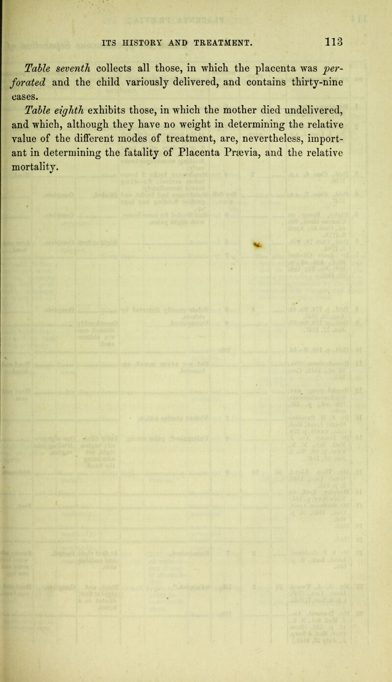 Table seventh collects all those, in which the placenta was per- forated and the child variously delivered, and contains thirty-nine cases. Table eighth exhibits those, in which the mother died undelivered, and which, although they have no weight in determining the relative value of the different modes of treatment, are, nevertheless, import- ant in determining the fatality of Placenta Praevia, and the relative mortality.