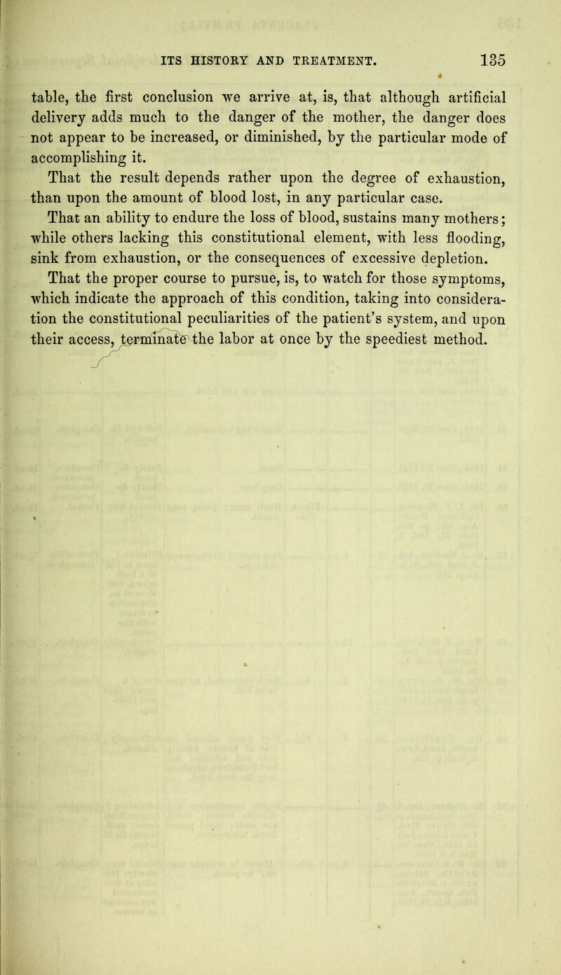 table, the first conclusion we arrive at, is, that although artificial delivery adds much to the danger of the mother, the danger does not appear to be increased, or diminished, by the particular mode of accomplishing it. That the result depends rather upon the degree of exhaustion, than upon the amount of blood lost, in any particular case. That an ability to endure the loss of blood, sustains many mothers; while others lacking this constitutional element, with less flooding, sink from exhaustion, or the consequences of excessive depletion. That the proper course to pursue, is, to watch for those symptoms, which indicate the approach of this condition, taking into considera- tion the constitutional peculiarities of the patient’s system, and upon their access, terminafe^he labor at once by the speediest method.