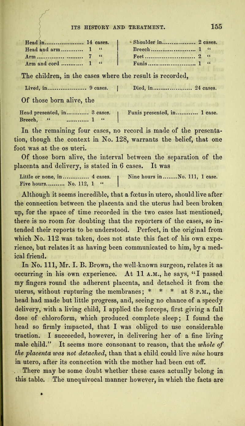 Head in Head and arm Arm Arm and cord 14 cases. 1 “ 7 “ 1 “ * Shoulder in 2 cases. Breech 1 “ Feet 2 “ Funis 1 “ The children, in the cases where the result is recorded, Lived, in 9 cases. j Died, in 24 cases. Of those born alive, the Head presented, in 3 cases. | Funis presented, in 1 case. Breech, “ 1 “ | In the remaining four cases, no record is made of the presenta- tion, though the context in Ho. 128, warrants the belief, that one foot was at the os uteri. Of those born alive, the interval between the separation of the placenta and delivery, is stated in 6 cases. It was Little or none, in 4 cases, j Nine hours in No. Ill, 1 case. Five hours No. 112, 1 “ j Although it seems incredible, that a foetus in utero, should live after the connection between the placenta and the uterus had been broken up, for the space of time recorded in the two cases last mentioned, there is no room for doubting that the reporters of the cases, so in- tended their reports to be understood. Perfect, in the original from which No. 112 was taken, does not state this fact of his own expe- rience, but relates it as having been communicated to him, by a med- ical friend. In No. Ill, Mr. I. B. Brown, the well-known surgeon, relates it as occurring in his own experience. At 11 a.m., he says, “I passed my fingers round the adherent placenta, and detached it from the uterus, without rupturing the membranes; * * * at 8 P.M., the head had made but little progress, and, seeing no chance of a speedy delivery, with a living child, I applied the forceps, first giving a full dose of chloroform, which produced complete sleep; I found the head so firmly impacted, that I was obliged to use considerable traction. I succeeded, however, in delivering her of a fine living male child.” It seems more consonant to reason, that the whole of the placenta was not detached, than that a child could live nine hours in utero, after its connection with the mother had been cut off. There may be some doubt whether these cases actually belong in this table. The unequivocal manner however, in which the facts are