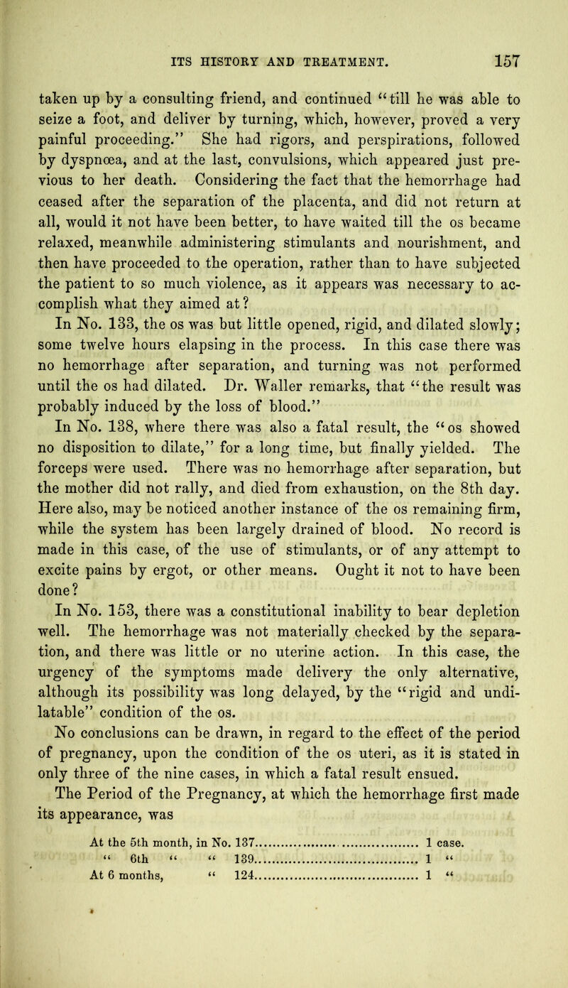 taken up by a consulting friend, and continued “till he was able to seize a foot, and deliver by turning, which, however, proved a very painful proceeding.” She had rigors, and perspirations, followed by dyspnoea, and at the last, convulsions, which appeared just pre- vious to her death. Considering the fact that the hemorrhage had ceased after the separation of the placenta, and did not return at all, would it not have been better, to have waited till the os became relaxed, meanwhile administering stimulants and nourishment, and then have proceeded to the operation, rather than to have subjected the patient to so much violence, as it appears was necessary to ac- complish what they aimed at ? In No. 133, the os was but little opened, rigid, and dilated slowly; some twelve hours elapsing in the process. In this case there was no hemorrhage after separation, and turning was not performed until the os had dilated. Dr. Waller remarks, that “the result was probably induced by the loss of blood.” In No. 138, where there was also a fatal result, the “os showed no disposition to dilate,” for a long time, but finally yielded. The forceps were used. There was no hemorrhage after separation, but the mother did not rally, and died from exhaustion, on the 8th day. Here also, may be noticed another instance of the os remaining firm, while the system has been largely drained of blood. No record is made in this case, of the use of stimulants, or of any attempt to excite pains by ergot, or other means. Ought it not to have been done? In No. 153, there was a constitutional inability to bear depletion well. The hemorrhage was not materially checked by the separa- tion, and there was little or no uterine action. In this case, the urgency of the symptoms made delivery the only alternative, although its possibility was long delayed, by the “rigid and undi- latable” condition of the os. No conclusions can be drawn, in regard to the effect of the period of pregnancy, upon the condition of the os uteri, as it is stated in only three of the nine cases, in which a fatal result ensued. The Period of the Pregnancy, at which the hemorrhage first made its appearance, was At the 5th month, in No. 137 1 case. “ 6th “ “ 139 1 “ At 6 months, “ 124 1 “