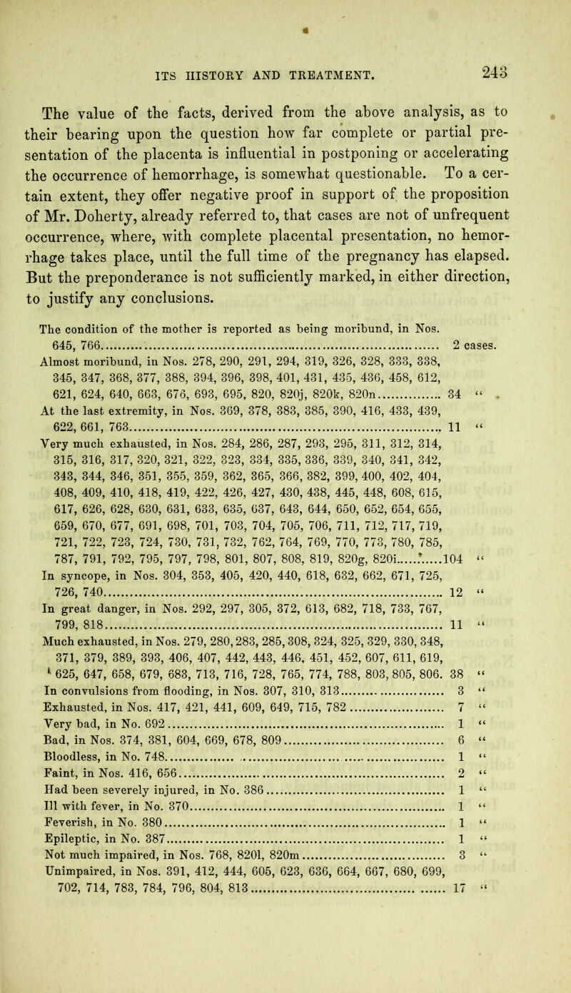 The value of the facts, derived from the above analysis, as to their bearing upon the question how far complete or partial pre- sentation of the placenta is influential in postponing or accelerating the occurrence of hemorrhage, is somewhat questionable. To a cer- tain extent, they offer negative proof in support of the proposition of Mr. Doherty, already referred to, that cases are not of unfrequent occurrence, where, with complete placental presentation, no hemor- rhage takes place, until the full time of the pregnancy has elapsed. But the preponderance is not sufficiently marked, in either direction, to justify any conclusions. The condition of the mother is reported as being moribund, in Nos. 645, 766 2 cases. Almost moribund, in Nos. 278, 290, 291, 294, 319, 326, 328, 333, 338, 345, 347, 368, 377, 388, 394, 396, 398, 401, 431, 435, 436, 458, 612, 621, 624, 640, 663, 676, 693, 695, 820, 820j, 820k, 820n 34 “ . At the last extremity, in Nos. 369, 378, 383, 385, 390, 416, 433, 439, 622, 661, 763 11 “ Very much exhausted, in Nos. 284, 286, 287, 293, 295, 311, 312, 314, 315, 316, 317, 320, 321, 322, 323, 334, 335, 336, 339, 340, 341, 342, 343, 344, 346, 351, 355, 359, 362, 365, 366, 382, 399, 400, 402, 404, 408, 409, 410, 418, 419, 422, 426, 427, 430, 438, 445, 448, 608, 615, 617, 626, 628, 630, 631, 633, 635, 637, 643, 644, 650, 652, 654, 655, 659, 670, 677, 691, 698, 701, 703, 704, 705, 706, 711, 712, 717, 719, 721, 722, 723, 724, 730, 731, 732, 762, 764, 769, 770, 773, 780, 785, 787, 791, 792, 795, 797, 798, 801, 807, 808, 819, 820g, 820i .*.....104 “ In syncope, in Nos. 304, 353, 405, 420, 440, 618, 632, 662, 671, 725, 726, 740 12 “ In great danger, in Nos. 292, 297, 305, 372, 613, 682, 718, 733, 767, 799, 818 11 “ Much exhausted, in Nos. 279, 280,283, 285,308, 324, 325, 329, 330, 348, 371, 379, 389, 393, 406, 407, 442, 443, 446, 451, 452, 607, 611, 619, 4 625, 647, 658, 679, 683, 713, 716, 728, 765, 774, 788, 803, 805, 806. 38 “ In convulsions from flooding, in Nos. 307, 310, 313 3 “ Exhausted, in Nos. 417, 421, 441, 609, 649, 715, 782 7 “ Very bad, in No. 692 1 “ Bad, in Nos. 374, 381, 604, 669, 678, 809 6 “ Bloodless, in No. 748 1 “ Faint, in Nos. 416, 656 2 “ Had been severely injured, in No. 386 1 “ 111 with fever, in No. 370 1 “ Feverish, in No. 380 1 “ Epileptic, in No. 387 1 “ Not much impaired, in Nos. 768, 8201, 820m 3 “ Unimpaired, in Nos. 391, 412, 444, 605, 623, 636, 664, 667, 680, 699, 702, 714, 783, 784, 796, 804, 813 17 “