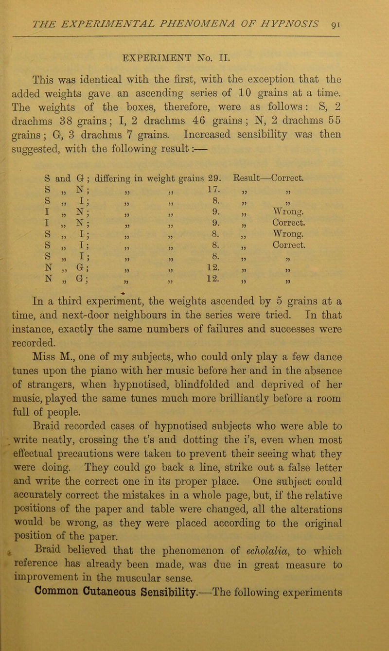 EXPERIMENT No. II. This was identical with the first, with the exception that the added weights gave an ascending series of 10 grains at a time. The weights of the boxes, therefore, were as follows: S, 2 drachms 38 grains; I, 2 drachms 46 grains; 1ST, 2 drachms 55 grains; G-, 3 drachms 7 grains. Increased sensibility was then suggested, with the following result:— s and G; differing in weight grains 29. Result- -Correct. s 55 N; 55 55 17. 55 55 s 55 1 ■> 55 55 8. 55 55 I 55 N; 55 55 9. 55 Wrong. I 55 N; 55 55 9. 55 Correct. s 55 I} 55 55 8. 55 Wrong. s 55 I; 55 55 8. 55 Correct. s 55 I; 55 55 8. 55 55 N 55 G; 55 55 12. 55 55 N 55 G; 55 55 12. 55 55 In a third experiment, the weights ascended by 5 grains at a time, and next-door neighbours in the series were tried. In that instance, exactly the same numbers of failures and successes were recorded. Miss M., one of my subjects, who could only play a few dance tunes upon the piano with her music before her and in the absence of strangers, when hypnotised, blindfolded and deprived of her music, played the same tunes much more brilliantly before a room full of people. Braid recorded cases of hypnotised subjects who were able to write neatly, crossing the t’s and dotting the i’s, even when most effectual precautions were taken to prevent their seeing what they were doing. They could go back a line, strike out a false letter and write the correct one in its proper place. One subject could accurately correct the mistakes in a whole page, but, if the relative positions of the paper and table were changed, all the alterations would be wrong, as they were placed according to the original position of the paper. Braid believed that the phenomenon of echolalia, to which reference has already been made, was due in great measure to improvement in the muscular sense. Common Cutaneous Sensibility. —The following experiments