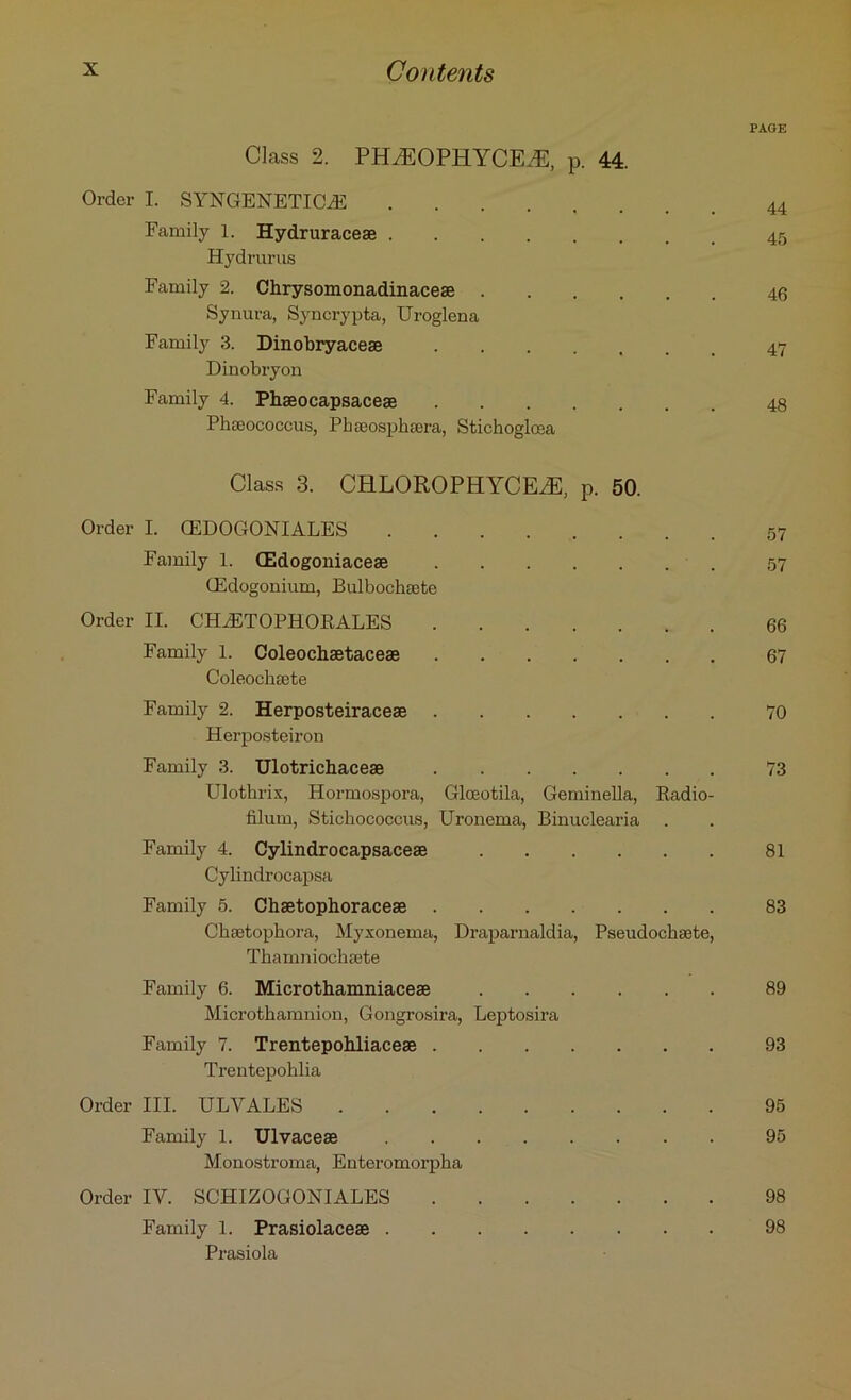 PAGE Class 2. PHiEOPHYCE.E, p. 44. Order I. SYNGENETICLE Family 1. Hydruraceae Hydrurus Family 2. Chrysomonadinaceae 46 Synura, Syncrypta, Uroglena Family 3. Dinobryaceae 47 Dinobryou Family 4. Phaeocapsaceae 48 Phseococcus, Phaeosphaera, Stichogloea Class 3. CHLOROPHYCEiE, p. 50. Order I. CEDOGONIALES 57 Family 1. CEdogoniaceae 57 Gldogonium, Bulbochaete Order II. CH.ETOPHORALES 66 Family 1. Coleochaetaceae 67 Coleochaete Family 2. Herposteiraceae 70 Herposteiron Family 3. Ulotrichaceae 73 Ulothrix, Hormospora, Gloeotila, Geminella, Eadio- filum, Sticbococcus, Uronema, Binuclearia Family 4. Cylindrocapsaceae 81 Cylindrocapsa Family 5. Chaetophoraceae 83 Clnetophora, Myxonema, Draparnaldia, Pseudochaete, Tbamnioehaete Family 6. Microthamniaceae 89 Microthamnion, Gongrosira, Leptosira Family 7. Trentepobliaceae 93 Trentepohlia Order III. ULVALES 95 Family 1. Ulvaceae 95 Monostroma, Enteromorpha Order IV. SCHIZOGONIALES 98 Family 1. Prasiolaceae 98 Prasiola