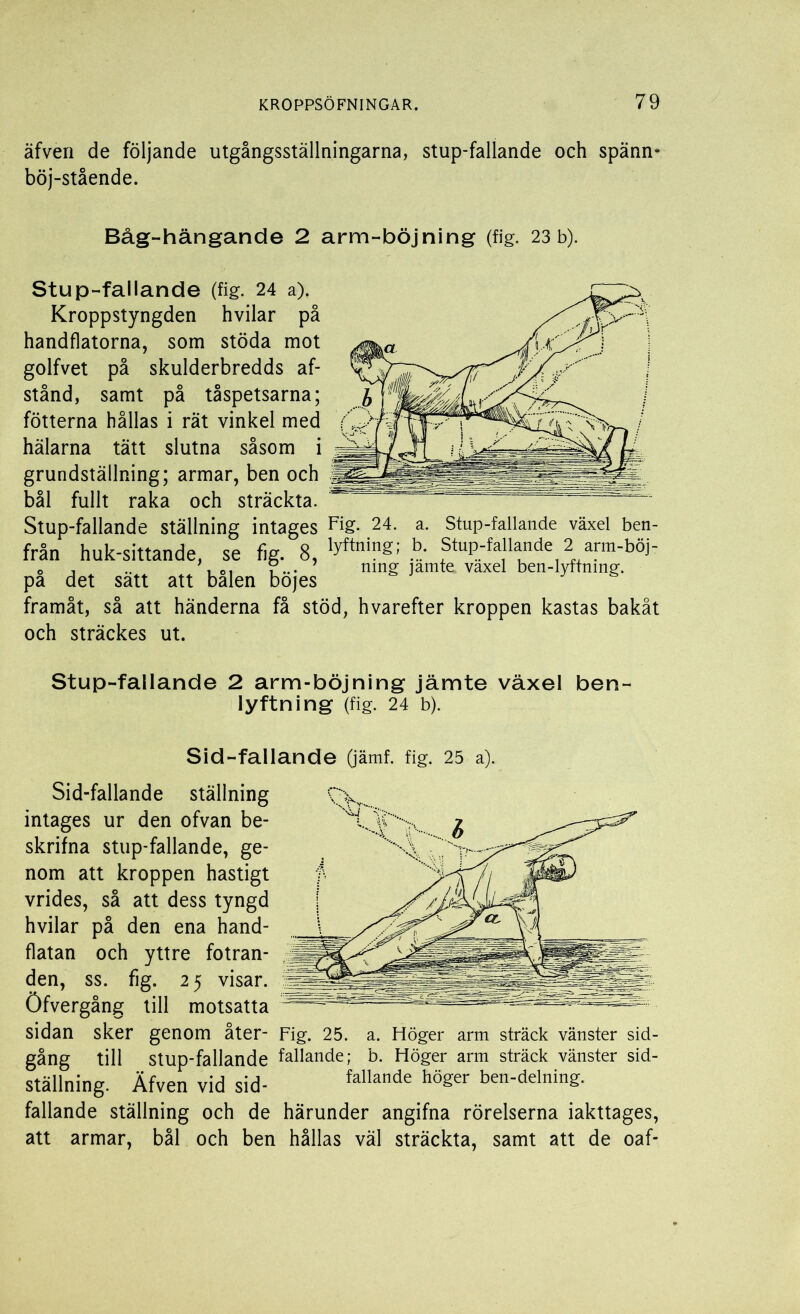 äfven de följande utgångsställningarna, stup-fallande och spänn- böj-stående. Båg-hängande 2 arm-böjning (fig. 23 b). Stup-fallande (fig. 24 a). Kroppstyngden hvilar på handflatorna, som stöda mot golfvet på skulderbredds af- stånd, samt på tåspetsarna; fotterna hållas i rät vinkel med hälarna tätt slutna såsom i grundställning; armar, ben och bål fullt raka och sträckta. Stup-fallande ställning intages Fig- 24- a- Stup-fallande växel ben- från huk-sittande, se fig. 8, b; Stup-fallande 2 arm-böj- pa det satt att balen bojes J ä framåt, så att händerna få stöd, hvarefter kroppen kastas bakåt och sträckes ut. Stup-fallande 2 arm-böjning jämte växel ben- lyftning (fig. 24 b). Sid-fallande (jämf. fig. 25 a). Sid-fallande ställning intages ur den ofvan be- skrifna stup-fallande, ge- nom att kroppen hastigt vrides, så att dess tyngd hvilar på den ena hand- flatan och yttre fotran- den, ss. fig. 2 5 visar. Öfvergång till motsatta sidan sker genom åter- Fig. 25. a. Höger arm sträck vänster sid- gång till Stup-fallande fallande; b. Höger arm sträck vänster sid- ställning. Äfven vid sid- fallande hö£er ben-delning, fallande ställning och de härunder angifna rörelserna iakttages, att armar, bål och ben hållas väl sträckta, samt att de oaf-