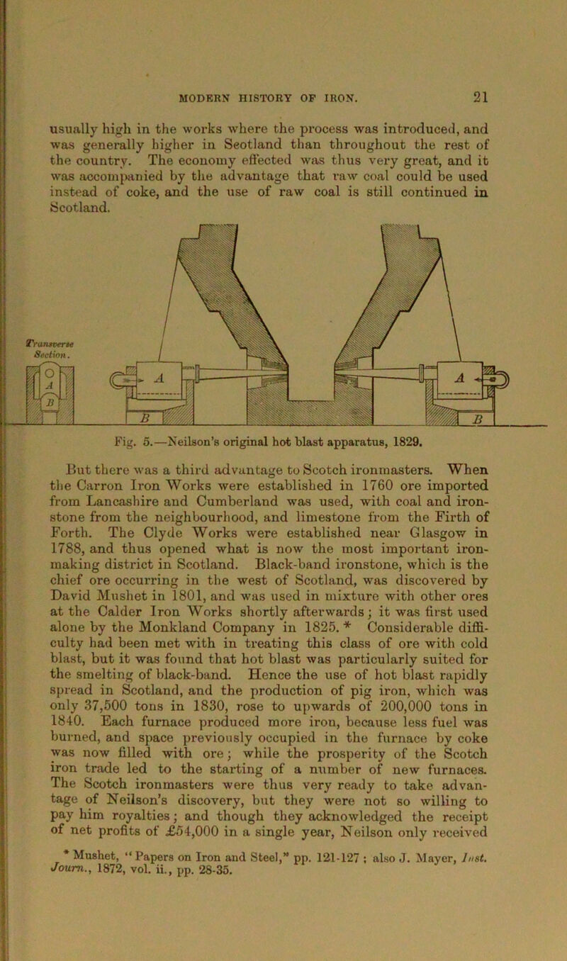 usually high in the works where the process was introduced, and ■was generally higher in Scotland than throughout the rest of the country. The economy effected was thus very great, and it was accompanied by the advantage that raw coal could be used instead of coke, and the use of raw coal is still continued in Scotland. But there was a third advantage to Scotch ironmasters. When the Carron Iron Works were established in 1760 ore imported from Lancashire and Cumberland was used, with coal and iron- stone from the neighbourhood, and limestone from the Firth of Forth. The Clyde Works were established near Glasgow in 1788, and thus opened what is now the most important iron- making district in Scotland. Black-band ironstone, which is the chief ore occurring in the west of Scotland, was discovered by David Mushet in 1801, and was used in mixture with other ores at the Calder Iron Works shortly afterwards; it was first used alone by the Monkland Company in 1825. * Considerable diffi- culty had been met with in treating this class of ore with cold blast, but it was found that hot blast was particularly suited for the smelting of black-band. Hence the use of hot blast rapidly spread in Scotland, and the production of pig iron, which was only 37,500 tons in 1830, rose to upwards of 200,000 tons in 1840. Each furnace produced more iron, because less fuel was burned, and space previously occupied in the furnace by coke was now filled with ore ; while the prosperity of the Scotch iron trade led to the starting of a number of new furnaces. The Scotch ironmasters were thus very ready to take advan- tage of Neilson’s discovery, but they were not so willing to pay him royalties; and though they acknowledged the receipt of net profits of £54,000 in a single year, Neilson only received * Mushet, “ Papers on Iron and Steel,” pp. 121-127 ; also ,J. Mayer, lust. Joum., 1872, vol. ii., pp. 28-35.