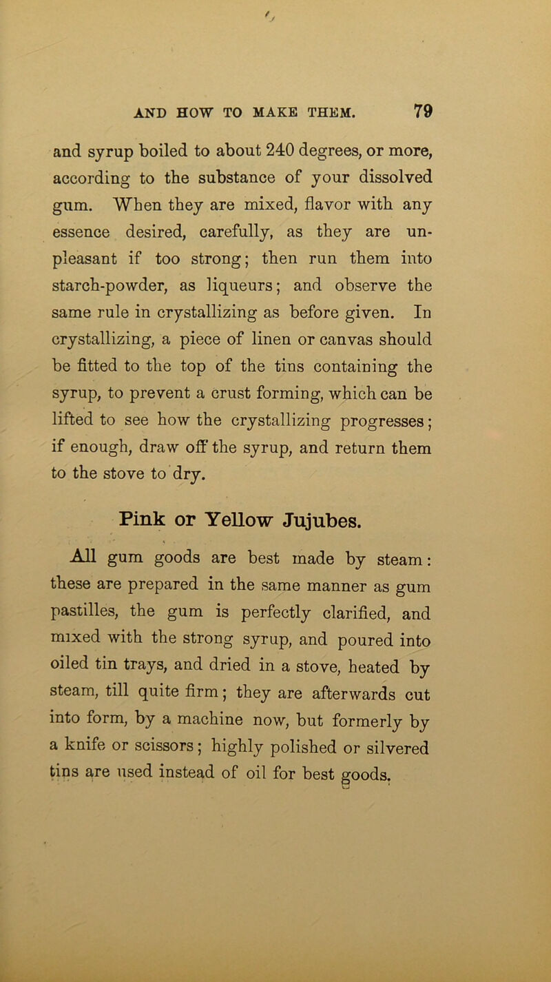 and syrup boiled to about 240 degrees, or more, according to tbe substance of your dissolved gum. When they are mixed, flavor with any essence desired, carefully, as they are un- pleasant if too strong; then run them into starch-powder, as liqueurs; and observe the same rule in crystallizing as before given. In crystallizing, a piece of linen or canvas should be fitted to the top of the tins containing the syrup, to prevent a crust forming, which can be lifted to see how the crystallizing progresses; if enough, draw off the syrup, and return them to the stove to dry. Pink or Yellow Jujubes. All gum goods are best made by steam: these are prepared in the same manner as gum pastilles, the gum is perfectly clarified, and mixed with the strong syrup, and poured into oiled tin trays, and dried in a stove, heated by steam, till quite firm; they are afterwards cut into form, by a machine now, but formerly by a knife or scissors; highly polished or silvered tins are used instead of oil for best goods.