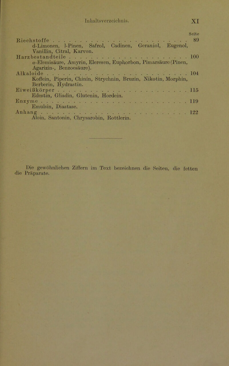 Seite Riechstoffe 89 d-Limonen, 1-Pinen, Safrol, Cadinen, Geraniol, Eugenol, Vanillin, Citral, Karvon. Harzbestandteile 100 ot-Elemisäure, Amyrin, Eleresen, Euphorbon, Pimarsäure (Pinen, Agarizin-, Benzoesäure). Alkaloide 104 Koffein, Piperin, Chinin, Strychnin, Bruzin, Nikotin, Morphin, Berberin, Hydrastin. Eiweißkörper 115 Edestin, Gliadin, Glutenin, Hordein. Enzyme 119 Emulsin, Diastase. Anhang 122 Aloin. Santonin, Chrysarobin, Rottierin. Die gewöhnlichen Ziffern im Text bezeichnen die Seiten, die fetten die Präparate.