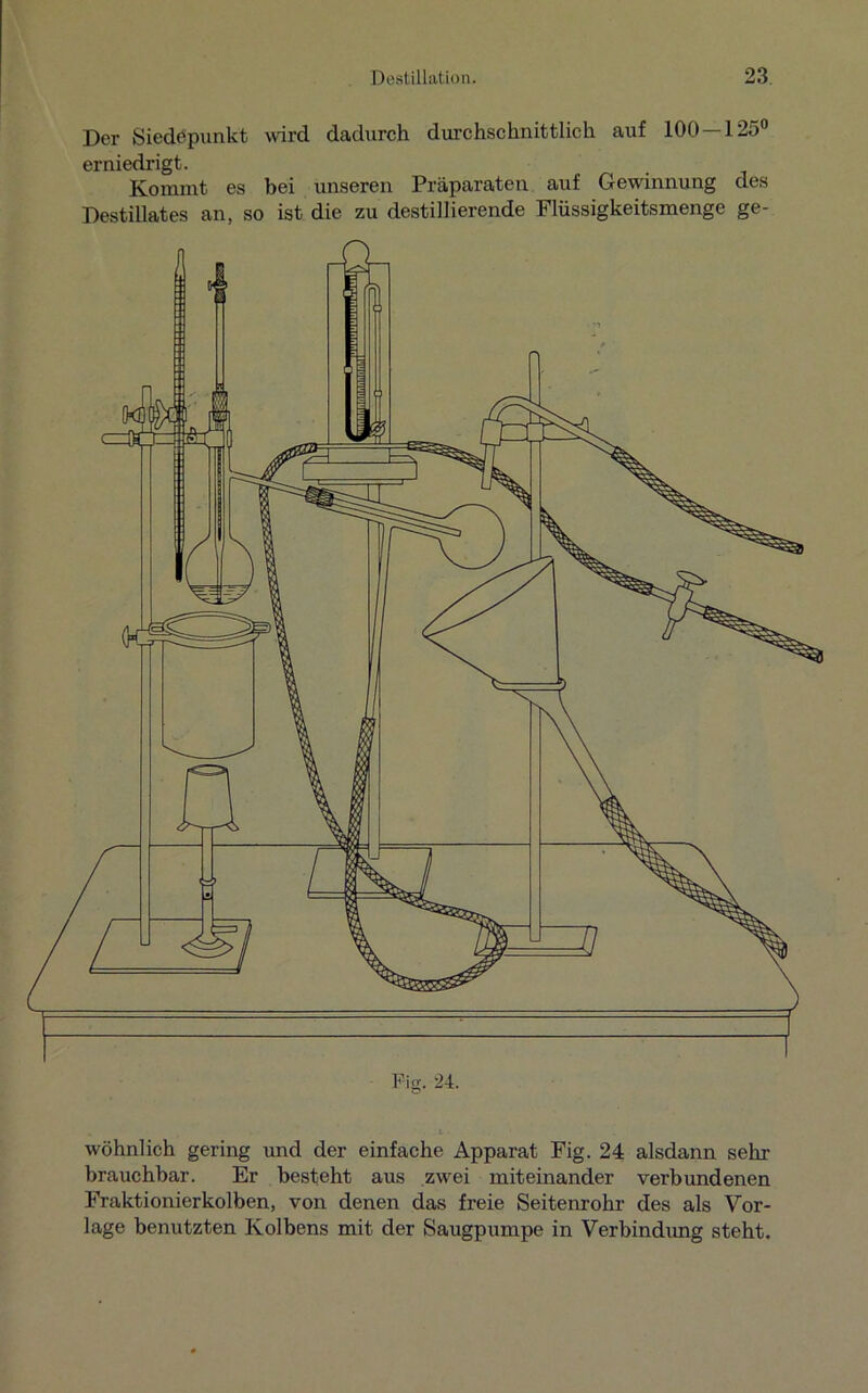 Der Siedepunkt wird dadurch durchschnittlich auf 100 — 125° erniedrigt. Kommt es bei unseren Präparaten auf Gewinnung des Destillates an, so ist die zu destillierende Flüssigkeitsmenge ge- Fig. 24. wohnlich gering und der einfache Apparat Fig. 24 alsdann sehr brauchbar. Er besteht aus zwrei miteinander verbundenen Fraktionierkolben, von denen das freie Seitenrohr des als Vor- lage benutzten Kolbens mit der Säugpumpe in Verbindung steht.