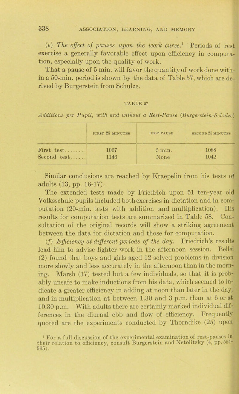 (e) The effect of pauses upon the work curvef Periods of rest exercise a generally favorable effect upon efficiency in computa- tion, especially upon the quality of work. That a pause of 5 min. will favor the quantity of work done with- in a 50-rmin. period is shown by the data of Table 57, which are de- rived by Burgerstein from Schulze. TABLE 57 Additions per Pupil, with and without a Rest-Pause (Burgerstein-Schulze) FIRST 25 MINUTES REST-PAUSE SECOND 25 MINUTES First test 1067 5 min. 1088 Second test 1146 None 1042 Similar conclusions are reached by Kraepelin from his tests of adults (13, pp. 16-17). The extended tests made by Friedrich upon 51 ten-year old Volksschule pupils included both exercises in dictation and in com- putation (20-min. tests with addition and multiplication). His results for computation tests are summarized in Table 58. Con- sultation of the original records will show a striking agreement between the data for dictation and those for computation. (/) Efficiency at different periods of the day. Friedrich’s results lead him to advise lighter work in the afternoon session. Bellei (2) found that boys and girls aged 12 solved problems in division more slowly and less accurately in the afternoon than in the morn- ing. Marsh (17) tested but a few individuals, so that it is prob- ably unsafe to make inductions from his data, which seemed to in- dicate a greater efficiency in adding at noon than later in the day, and in multiplication at between 1.30 and 3 p.m. than at 6 or at 10.30 p.m. With adults there are certainly marked individual dif- ferences in the diurnal ebb and flow of efficiency. Frequently quoted are the experiments conducted by Thorndike (25) upon 1 For a full discussion of the experimental examination of rest-pauses in their relation to efficiency, consult Burgerstein and Netolitzky (4, pp.554- 565).