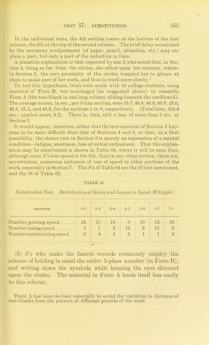 In the individual tests, the 4th section comes at the bottom of the first column, the 5th at the top of the second column. The brief delay occasioned by the necessary readjustment (of paper, pencil, attention, etc.) may ex- plain a part, but only a part of the reduction in time. A plausible explanation is that reported by one S,who noted that, in Sec- tion 4, being so far from the circles, she relied upon her memory, where- in Section 5, the very proximity of the circles tempted her to glance at them to make sure of her work, and thus to work more slowly.1 To test this hypothesis, trials were made with 10 college students, using material of Form B, but rearranged (as suggested above) to resemble Form A (the test-blank in one long column sliding beneath the cardboard). The average scores, in sec., per 5-line section, were 55.7,48.6, 44.0,40.9, 43.0, 40.3, 41.5, and 40.8, for the sections 1 to 8, respectively. (Total time, 354.8 sec.; symbol score, 8.2). There is, then, still a loss of more than 2 sec. at Section 5. It would appear, therefore, either that the test-material of Section 5 hap- pens to be more difficult than that of Sections 4 and 6, or that, as a final possibility, the slower rate in Section 5 is merely an expression of a mental condition—fatigue, weariness, loss of initial enthusiasm. That this explan- ation may be entertained is shown in Table 64, where it will be seen that, although more S’s lose speed in the 5th, than in any other section, there are, nevertheless, numerous instances of loss of speed in other portions of the work, especially in Section 7. The S’s of Table 64 are the 10 just mentioned, and the 18 of Table 62. TABLE 64 Substitution Test. Distribution of Gains and Losses in Speed (Whipple) SECTIONS 1-2 2-3 3-4 4-5 5-6 6-7 7-3 Number gaining speed 24 17 16 9 19 12 16 Number losing speed 4 7 8 16 8 15 8 Number maintainingspeed. . . 0 4 4 3 1 1 4 (6) S’s who make the fastest records commonly employ the scheme of holding in mind the entire 5-place number (in Form B), and writing down the symbols while keeping the eyes directed upon the circles. The material in Form A lends itself less easily to this scheme. ‘Form A has been devised especially to avoid the variation in distance of test-blanks from the pattern at different periods of the work.