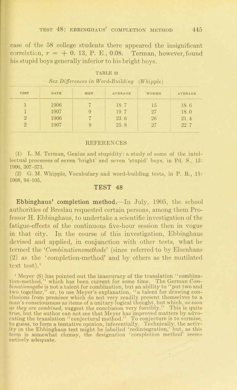 case of the 58 college students there appeared the insignificant correlation, r = + 0. 13, P. E., 0.08. Terraan, however, found his stupid boys generally inferior to his bright boys. TABLE 92 Sex Differences in Word-Building {Whipple) TEST DATE MEN AVERAGE WOMEN AVERAGE 1 1906 7 18.7 15 18.6 1 1907 9 19.7 27 18.0 2 1906 7 23.6 26 21.4 2 1907 9 25.8 27 22.7 REFERENCES (1) L. M. Terman, Genius and stupidity: a study of some of the intel- lectual processes of seven ‘bright’ and seven ‘stupid’ boys, in Pd. S., 13: 1906, 307-373. (2) G. M. Whipple, Vocabulary and word-building tests, in P. R., 15: 1908, 94-105. TEST 48 Ebbinghaus’ completion method.—In July, 1905, the school authorities of Breslau requested certain persons, among them Pro- fessor H. Ebbinghaus, to undertake a scientific investigation of the fatigue-effects of the continuous five-hour session then in vogue in that city. In the course of this investigation, Ebbinghaus devised and applied, in conjunction with other tests, what he termed the ‘Combinationsmethode’ (since referred to by Elsenhans (2) as the 'completion-method’ and by others as the mutilated text test).1 1 Meyer (6) has pointed out the inaccuracy of the translation “combina- tion-method,” which has been current for some time. The German Com- binalionsgabe is not a talent for combination, but an ability to “put two and two together,” or, to use Meyer’s explanation, “a talent for drawing con- clusions from premises which do not very readily present themselves to a man’s consciousness as items of a unitary logical thought, but which, as soon as they are combined, suggest the conclusion very forcibly.” This is quite true, but the author can not see that Meyer has improved matters by advo- cating the translation “conjectural method.” To conjecture is to surmise, to guess, to form a tentative opinion, inferentially. Technically, the activ- ity in the Ebbinghaus test might be labelled ‘redintegration,’ but, as this term is somewhat clumsy, the designation ‘completion method’ seems entirely adequate.