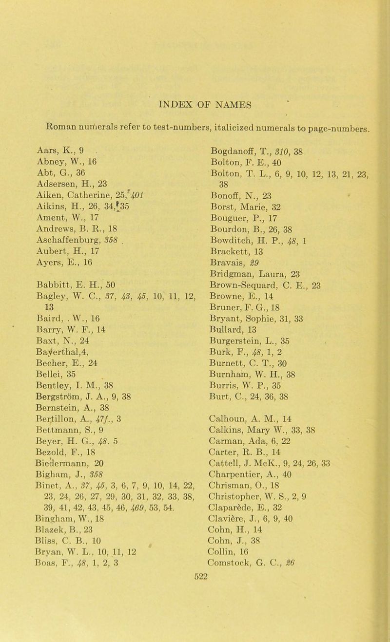 Roman numerals refer to test-numbers Aars, K., 9 Abney, W., 16 Abt, G., 36 Adsersen, H., 23 Aiken, Catherine, 25,' 401 Aikins, Ii., 26, 34,*35 Ament, W., 17 Andrews, B. R., 18 Aschaffenburg, 358 Aubert, H., 17 Ayers, E., 16 Babbitt, E. H., 50 Bagley, W. C., 37, 43, 45, 10, 11, 12, 13 Baird, . W., 16 Barry, W. F., 14 Baxt, N., 24 Bajferthal,4, Becher, E., 24 Bellei, 35 Bentley, I. M., 38 Bergstrom, J. A., 9, 38 Bernstein, A., 38 Bertillon, A., ^7/., 3 Bettmann, S., 9 Beyer, H. G., 43. 5 Bezold, F., 18 Biedermann, 20 Bigham, J., 358 Binet, A., 37, 45, 3, 6, 7, 9, 10, 14, 22, 23, 24, 26, 27, 29, 30, 31, 32, 33, 38, 39, 41, 42, 43, 45, 46, 469, 53, 54. Bingham, W., 18 Blazek, B., 23 Bliss, C. B., 10 Bryan, W. L., 10, 11, 12 Boas, F., 48, 1, 2, 3 italicized numerals to page-numbers. Bogdanoff, T., 310, 38 Bolton, F. E., 40 Bolton, T. L., 6, 9, 10, 12, 13, 21, 23, 38 Bonoff, N., 23 Borst, Marie, 32 Bouguer, P., 17 Bourdon, B., 26, 38 Bowditch, H. P., 48, 1 Brackett, 13 Bravais, 29 Bridgman, Laura, 23 B.rown-Sequard, C. E., 23 Browne, E., 14 Bruner, F. G., 18 Bryant, Sophie, 31, 33 Bullard, 13 Burgerstein, L., 35 Burk, F., 48, 1, 2 Burnett, C. T., 30 Burnham, W. H., 38 Burris, W. P., 35 Burt, C., 24, 36, 38 Calhoun, A. M., 14 Calkins, Mary W., 33, 38 Carman, Ada, 6, 22 Carter, R. B., 14 Cattell, J. McK., 9, 24, 26, 33 Charpentier, A., 40 Chrisman, O., 18 Christopher, W. S., 2, 9 ClaparNle, E., 32 Clavi&re, J., 6, 9, 40 Cohn, H., 14 Cohn, J., 38 Collin, 16 Comstock, G. C., 26