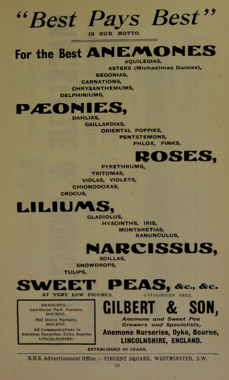 Best Pays Best 99 IS OUR MOTTO. For the Best ANEMONES AQUILEGIAS, ASTERS (Michaelmas Daisies), BEGONIAS, CARNATIONS, CHRYSANTHEMUMS, DELPHINIUMS, DAHLIAS, GAILLARDIAS, ORIENTAL POPPIES, PENTSTEMONS, PHLOX, PINKS, PYRETHRUMSi TRITOMAS, VIOLAS, VIOLETS, CHIONODOXAS, CROCUS, LILIUMS, GLADIOLUS, HYACINTHS, IRIS, MONTBRETIAS, RANUNCULUS, NARCISSUS, SCILLAS, SNOWDROPS, TULIPS, AT VERY LOW FIGURES BRANCHES:— Cawthorpe Park Nursery, BOURNE. Mill Drove Nursery, BOURNE. All Communications to Anemone Nurseries, Dyke, Bourne, LINCOLNSHIRE. 9 &c., &c. CATALOGUES FREE. GILBERT & SON, Anemone and Sweet Pea Growers and Specialists, Anemone Nurseries, Dyke, Bourne, LINCOLNSHIRE, ENGLAND. ESTABLISHED 46 YEARS. R.H.S. Advertisement Office :-VINCENT SQUARE, WESTMINSTER. S.W.