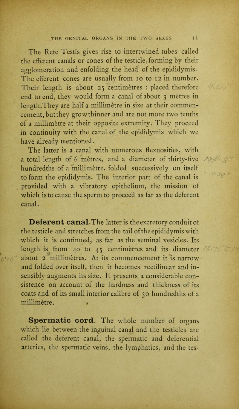 The Rete Testis gives rise to intertwined tubes called the efferent canals or cones of the testicle, forming by their agglomeration and enfolding the head of the epididymis. The efferent cones are usually from lo to 12 in number. Their length is about 25 Centimetres : placed therefore end to end, they would form a canal of about 3 metres in length.They are half a millimetre in size at their commen- cement, butthey growthinner and are not more two tenths of a millimetre at their opposite extremity. They proceed in continuity with the canal of the epididymis which we have already mentioned. The latter is a canal with numerous flexuosities, with a total length of 6 metres, and a diameter of thirty-five /O'- hundredths of a millimetre, folded successively on itself to form the epididymis. The interior part of the canal is * ^ provided with a vibratory epithelium, the mission of which is to cause the sperm to proceed as far as the deferent canal. Deferent canal.The latter is the excretory conduit ot the testicle and stretches from the tail oftheepididymis with which it is continued, as far as the seminal vesicles. Its length is from 40 to 45 centimetres and its diameter about 2 millimetres. At its commencement it’is narrow and folded over itself, then it becomes rectilinear and in- sensibly augments its size. It presents a considerable con- sistence on account of the hardness and thickness of its coats and of its small interior calibre of 30 hundredths of a millimetre. » Spermatic cord. The whole number of organs which lie between the inguinal canal and the testicles are called the deferent canal, the spermatic and deferential arteries, the spermatic veins, the lymphatics, and the tes-